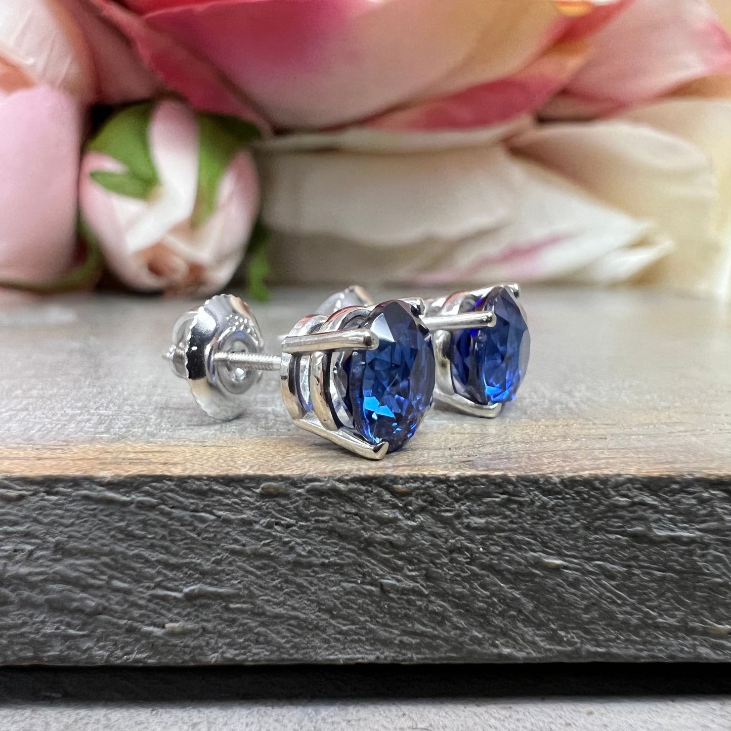 Round Blue Sapphire Stud Earrings 2.00ctw. In 14k White Gold sapph studs September birthstone dainty stacking stud earrings unisex #6574
