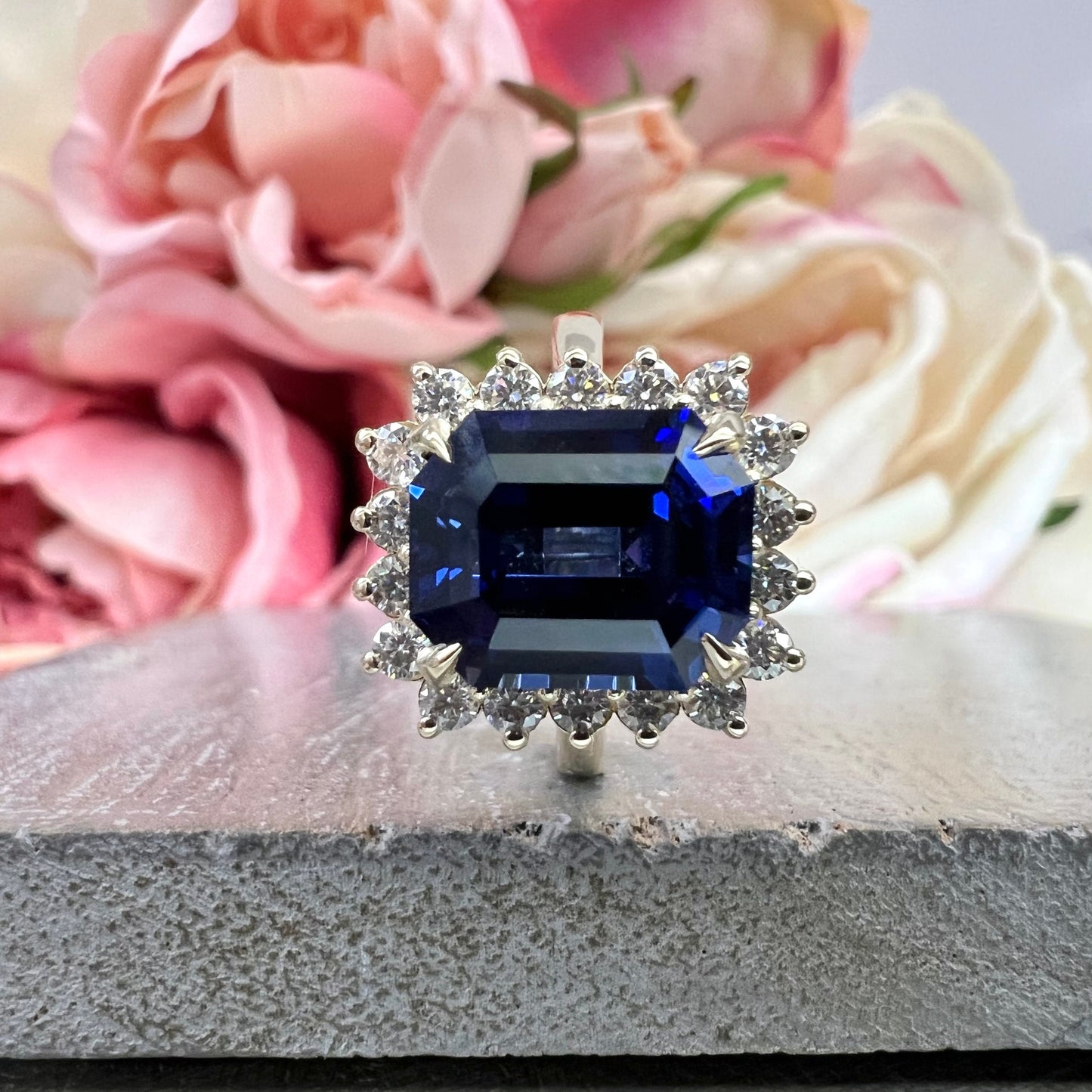 Emerald Cut Blue Sapphire and Moissanite Halo Diamond Engagement Ring Blue Sapphire Statement Ring Women Unique Wedding Promise Ring #7431