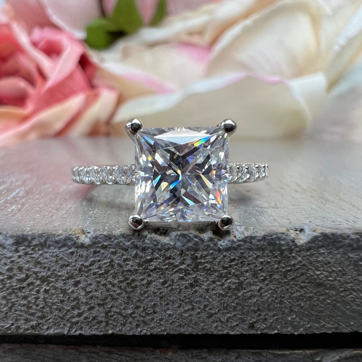 Moissanite Engagement Ring Princess Cut 14K Solid White Gold, Simple Moissanite Engagement Ring For Ladies Solitaire Princess Cut Ring #7436