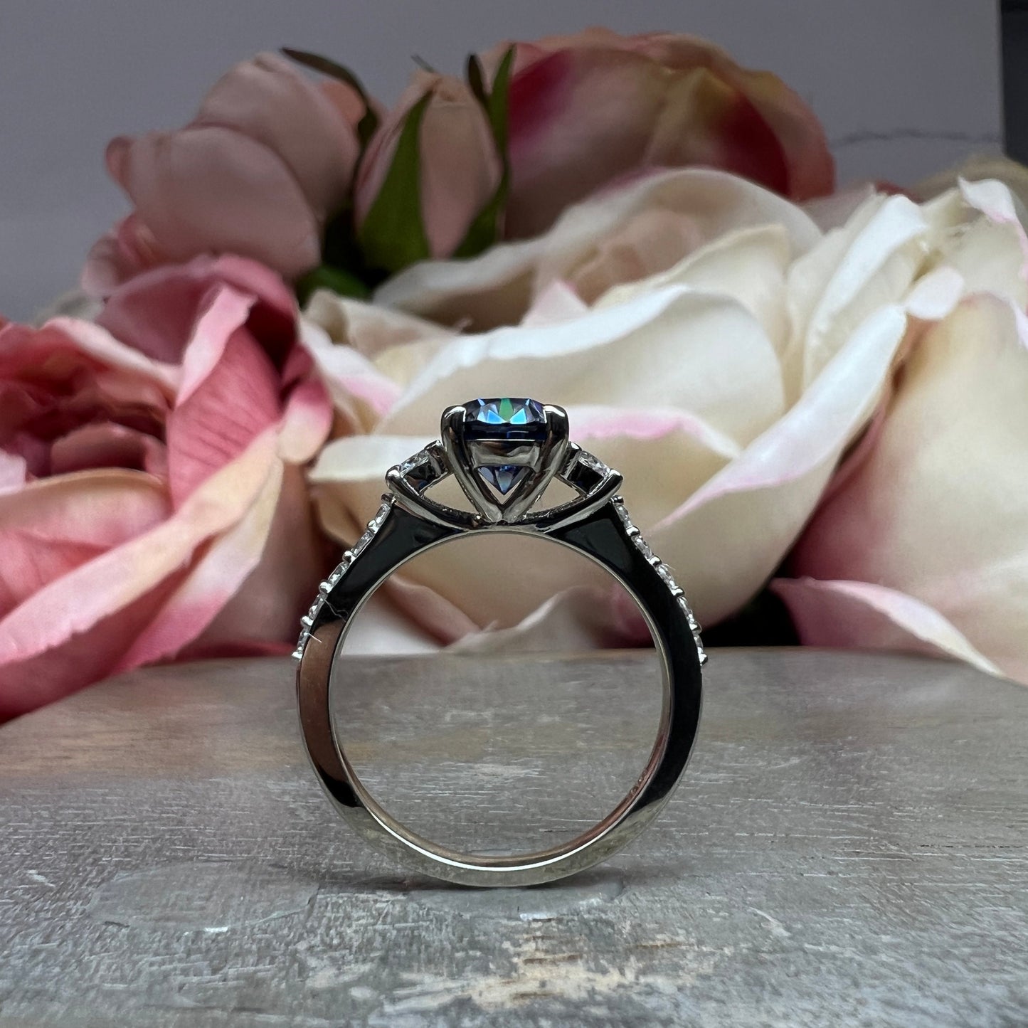 Blue/Grey Moissanite Engagement Ring White Gold, Unique Blue Moissanite Wedding Ring Oval Cut Vintage Style Moissanite Engagement Ring