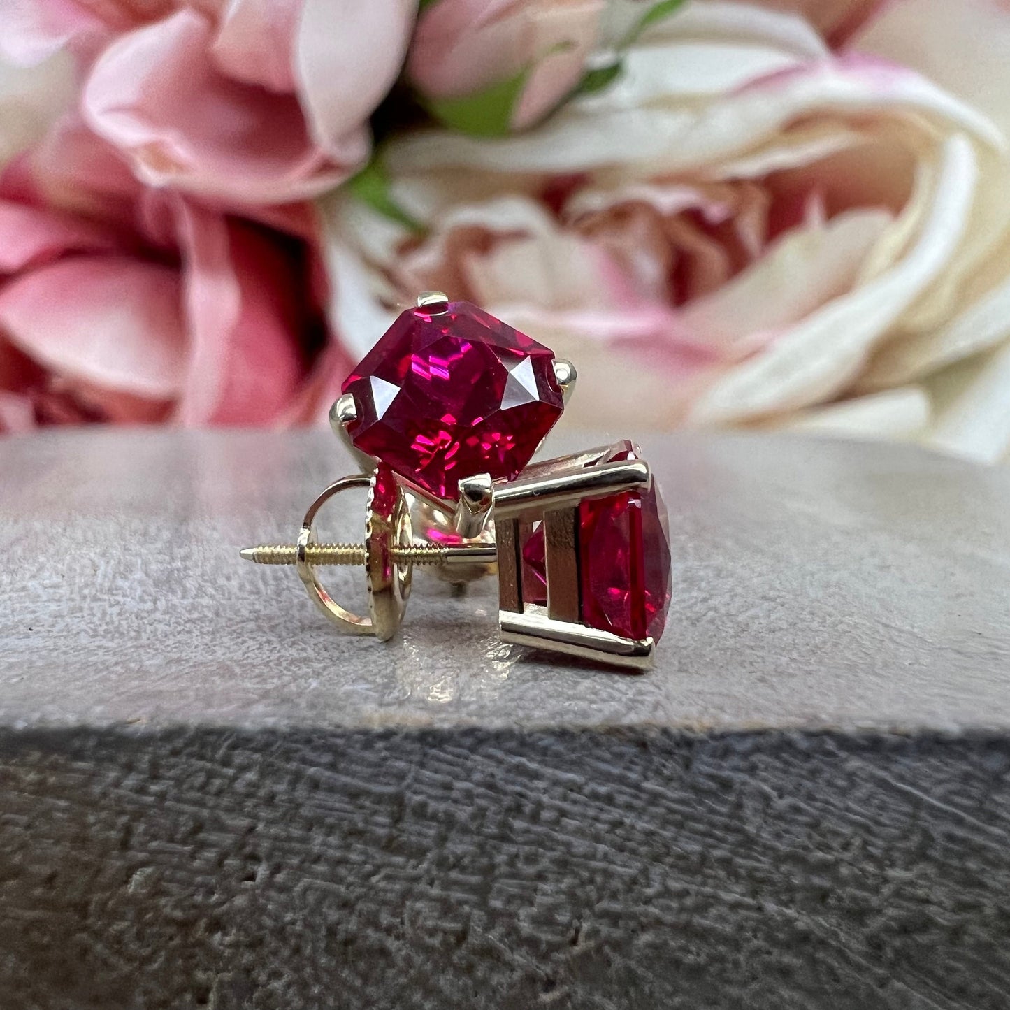 Radiant Cut Studs / Red Ruby Ladies Earring / Dainty Jewelry / 14k yellow Gold / #6229