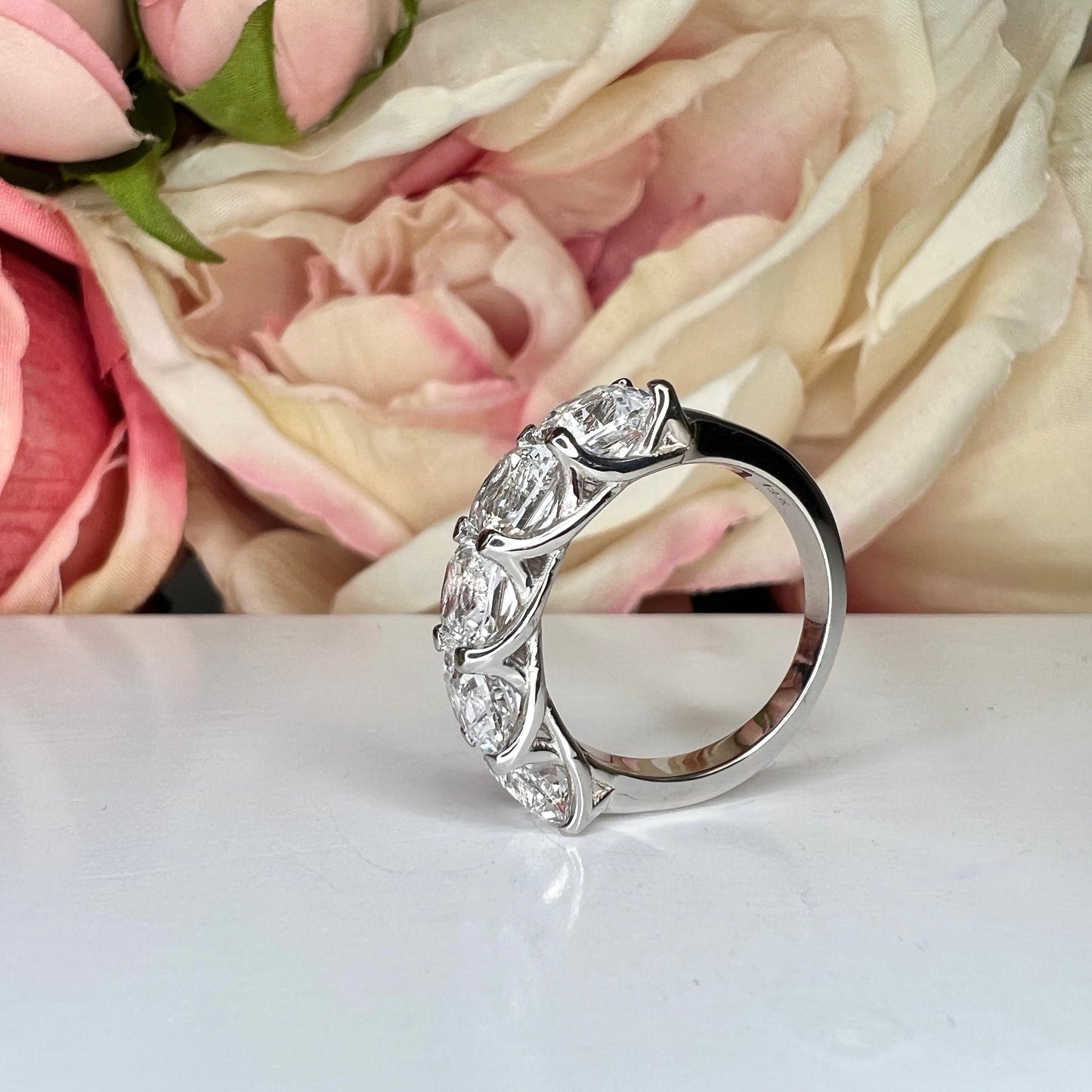 Radiant cut moissanite band, five stone square shape wedding ring, 3.75ctw, 14k white gold #6004