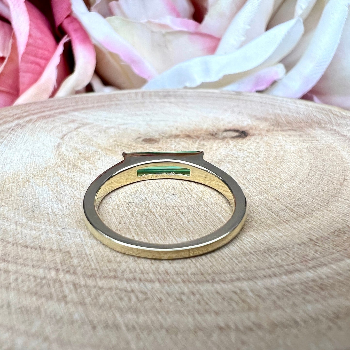 Elongated Baguette Shaped Green Emerald Stackable Ring Yellow Gold, Emerald Birthstone Stacking Gold Ring, Bezel Set Stacking Ring #7459