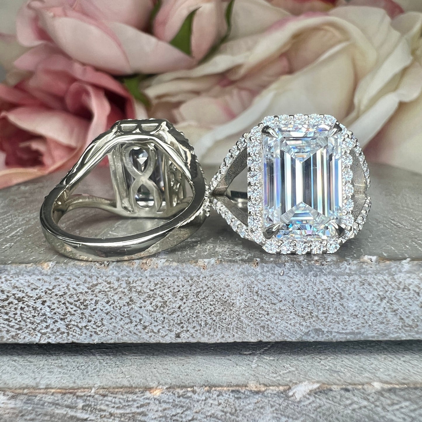 Emerald Cut Moissanite Engagement Ring White Gold, Unique Vintage Style Emerald Cut Halo Engagement Ring Split Shank Heavy Gold Ring, #7476