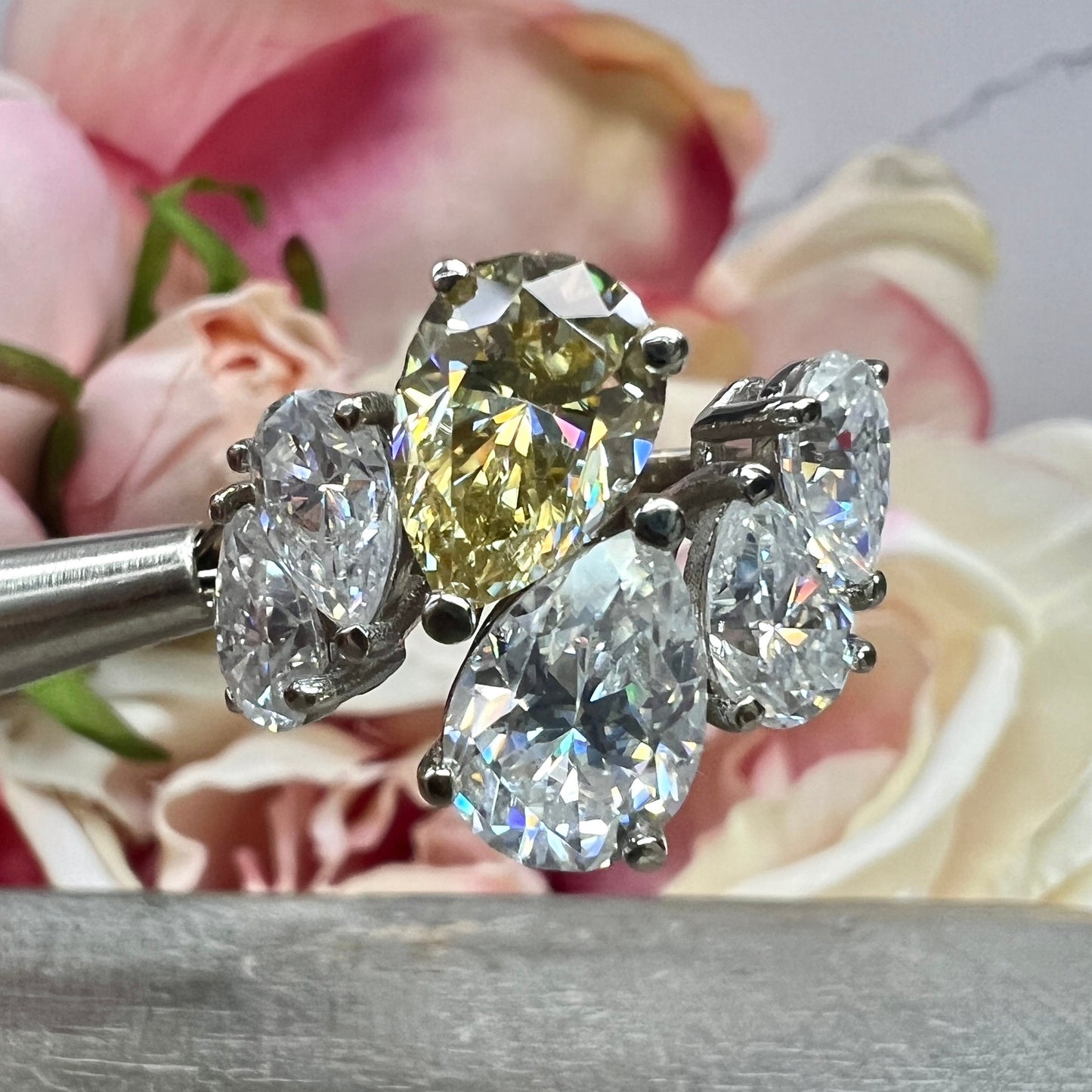 Pear Shaped Six Stone Cluster Engagement Ring White Gold, Unique Pear Shaped Anniversary Wedding Promise Ring, Mothers Birthstone Ring #7480