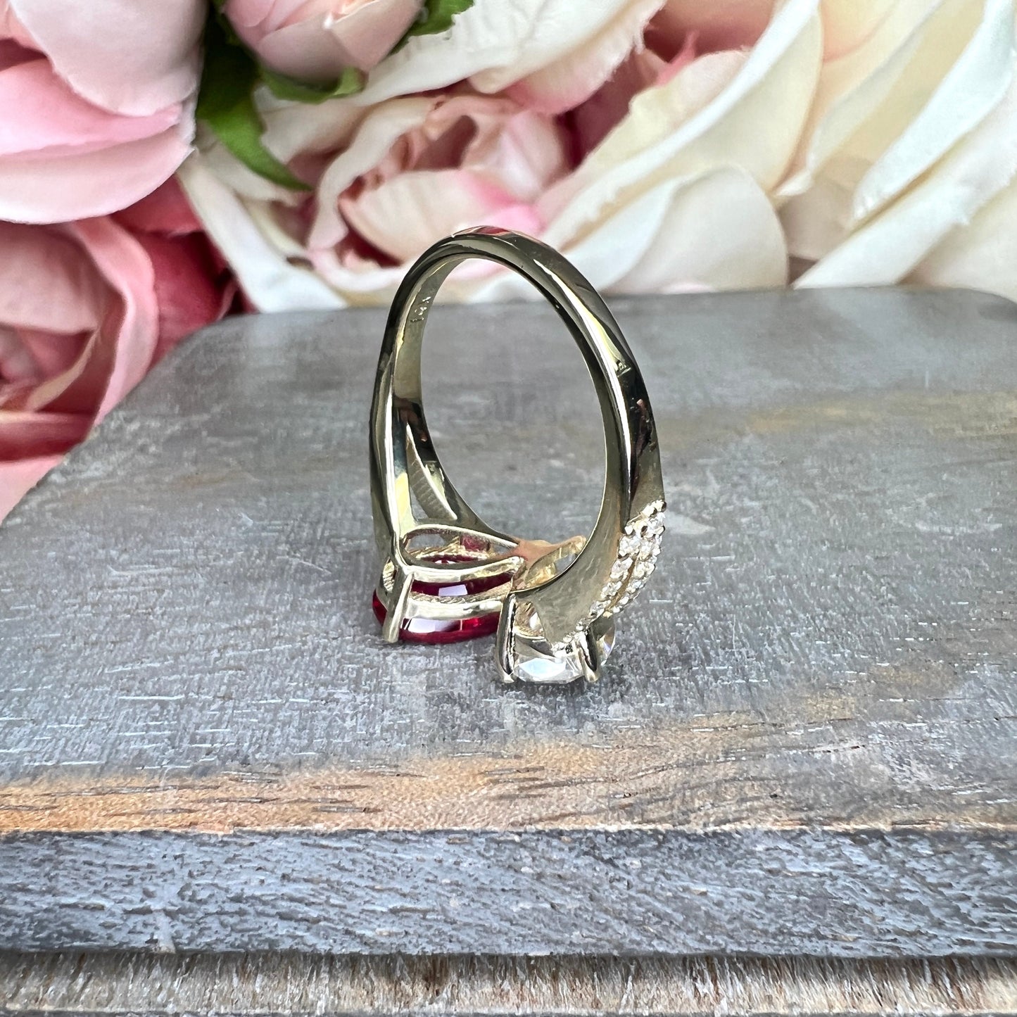 Toi Et Moi Ring Pear Ruby and Moissanite Pear Shape Ring Yellow Gold Engagement Ring Unique Two Stone Vintage Promise Anniversary Ring #7483