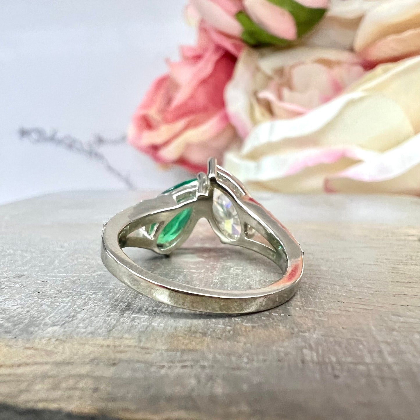 Toi Et Moi Ring Pear Emerald and Moissanite Engagement Ring Yellow Gold,  Unique Two Stone Vintage Promise Anniversary Wedding Rings,  #7483