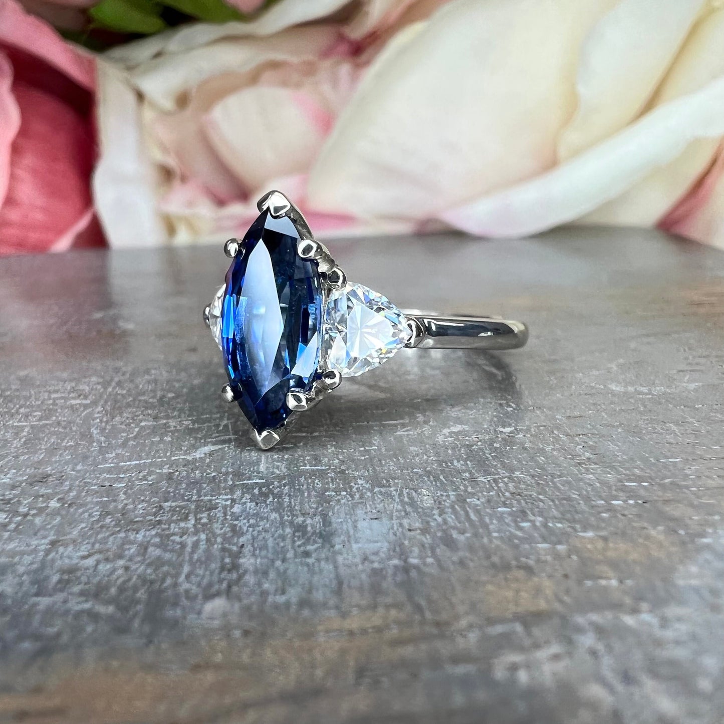 Marquise Sapphire Engagement Ring, Sapphire and Moissanite Ring, Marquise And Trillion Wedding Ring, 14K White Gold #6792 #6793