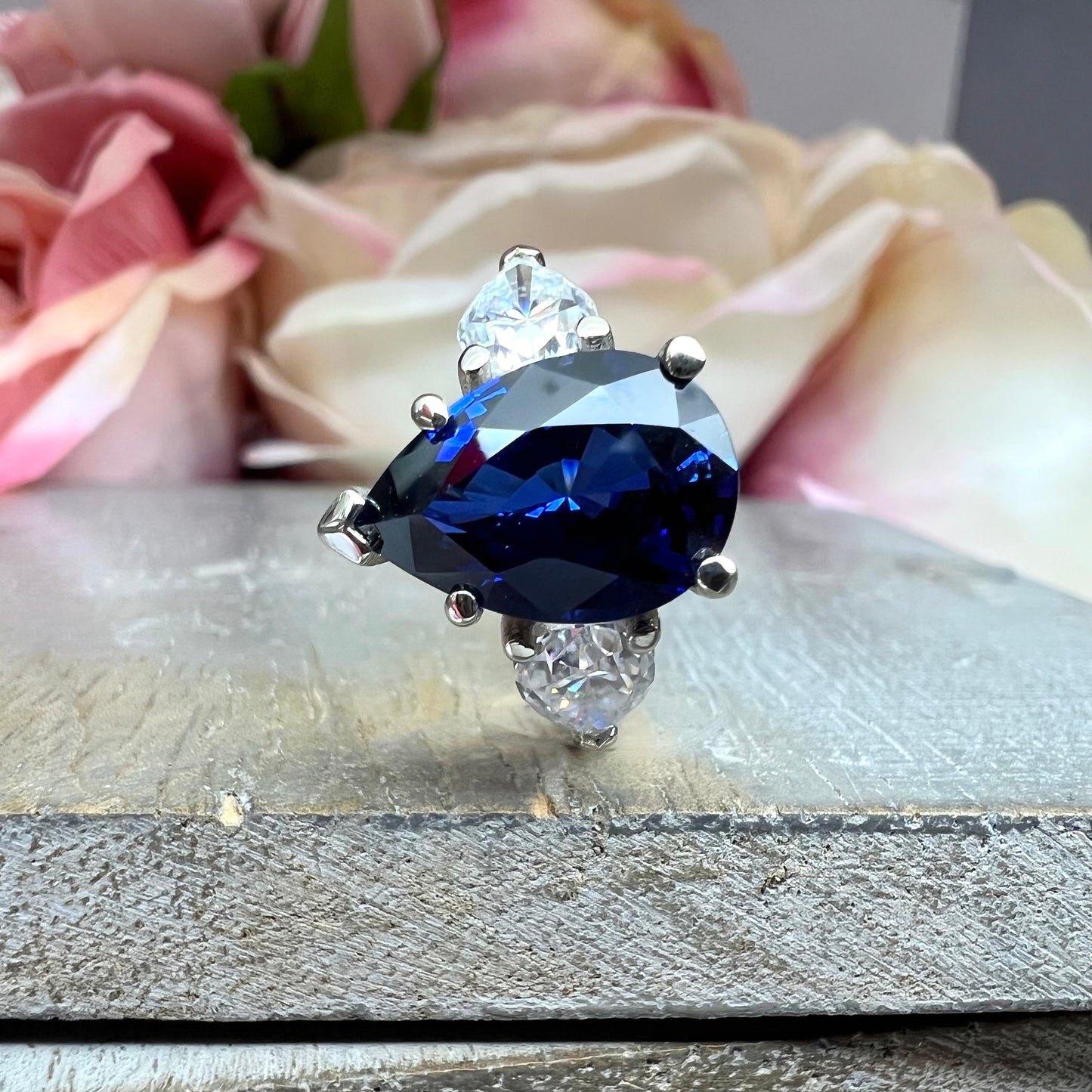 Pear shaped Blue Sapphire and Moissanite Engagement Ring White Gold, September Birthstone Ring, Three Stone Blue Sapphire Promise Ring #7486