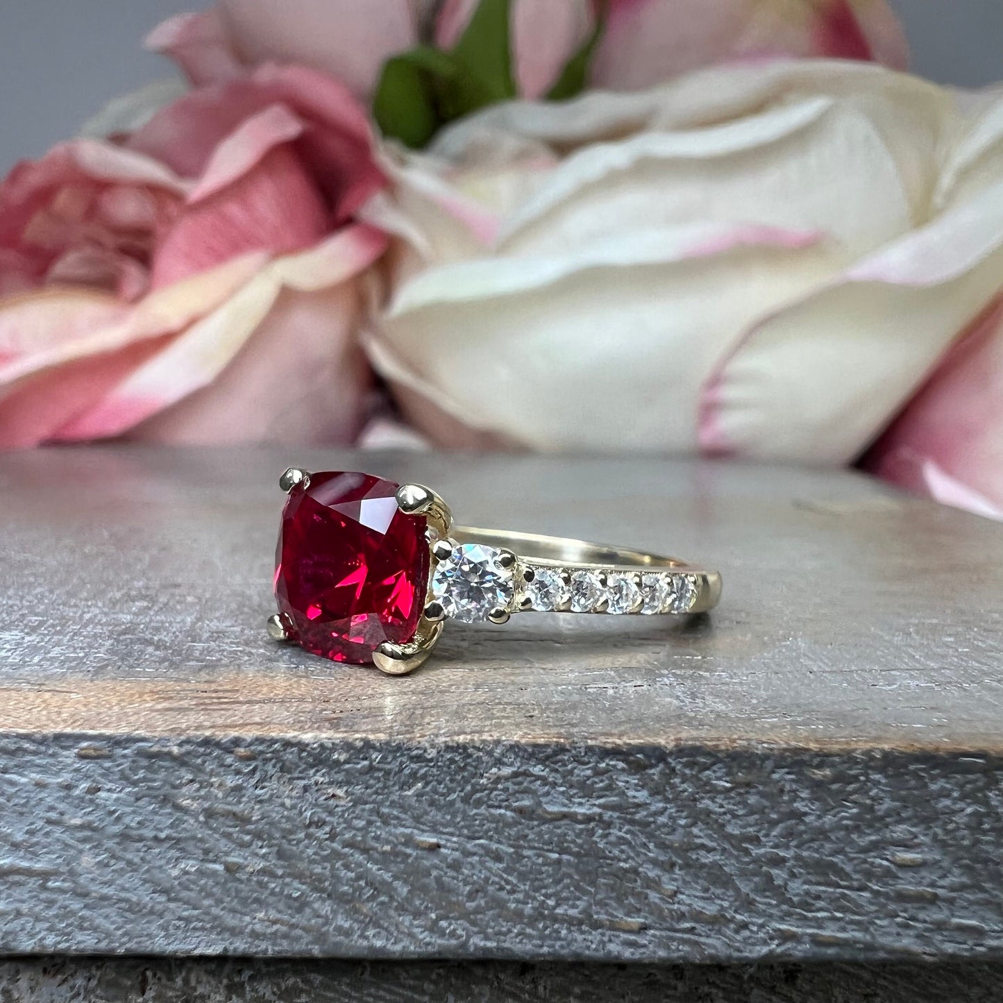 Cushion Cut Ruby With Moissanite Engagement Ring 14K Yellow Gold, Three Stone Cushion Shaped Ruby Engagement Ring, July Birthstone Ring 7489