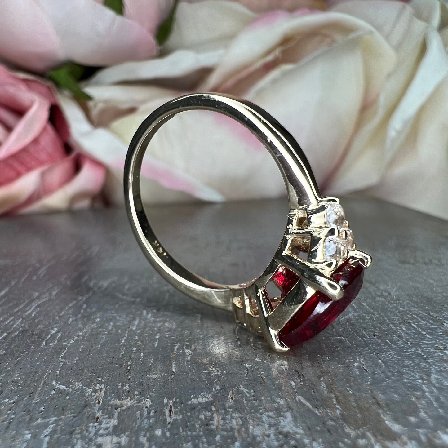 Ruby Cushion Cut And Moissanite Accents Engagement Ring, Ruby And Moissanite 14k Yellow Gold Ring, July Birthstone Ruby Ladies Ring, #5981