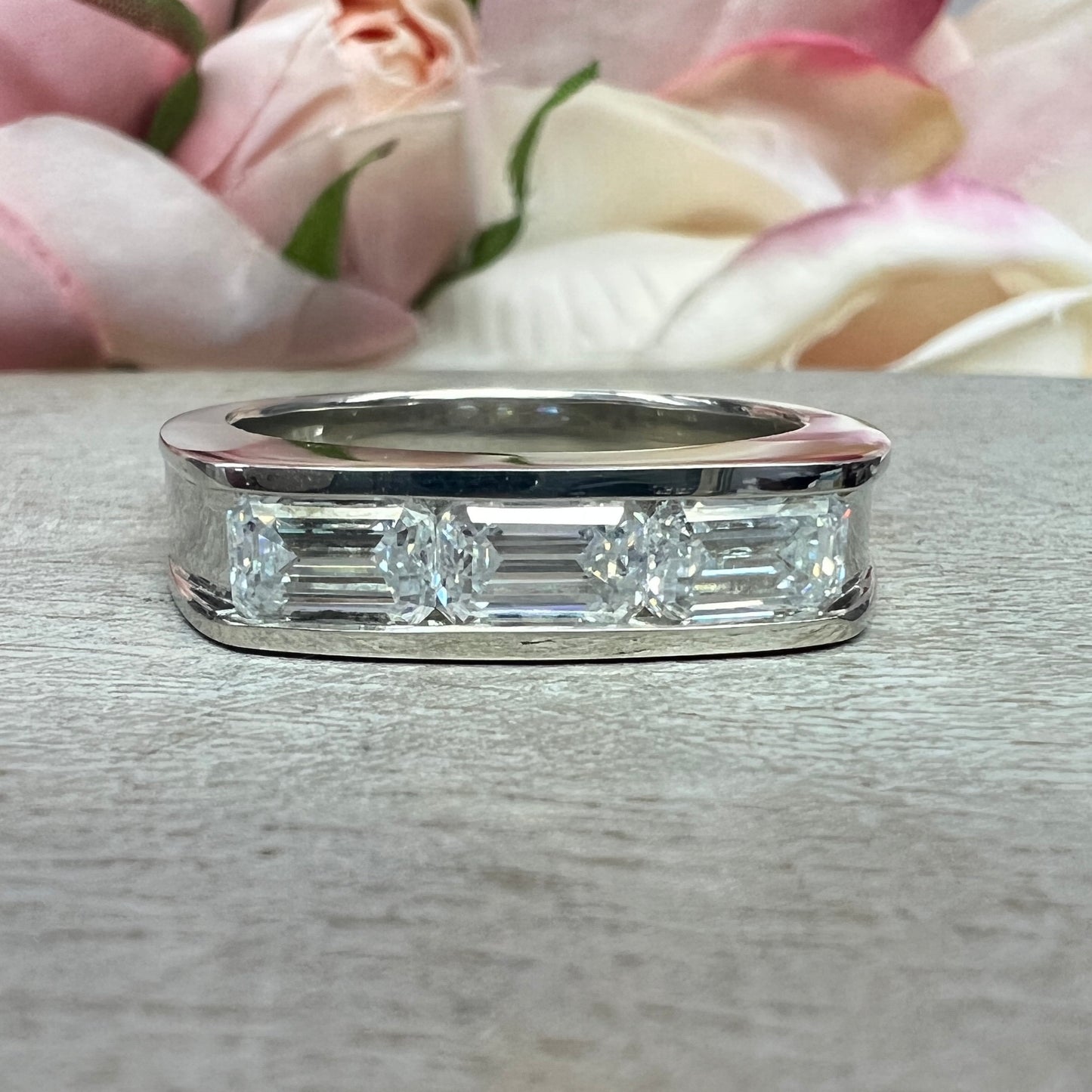 Mens Channel Set Emerald Wedding Band Solid 14k Yellow Gold, Unique Men's Moissanite Engagement Ring Men's Promise Ring Gift For Him #7496