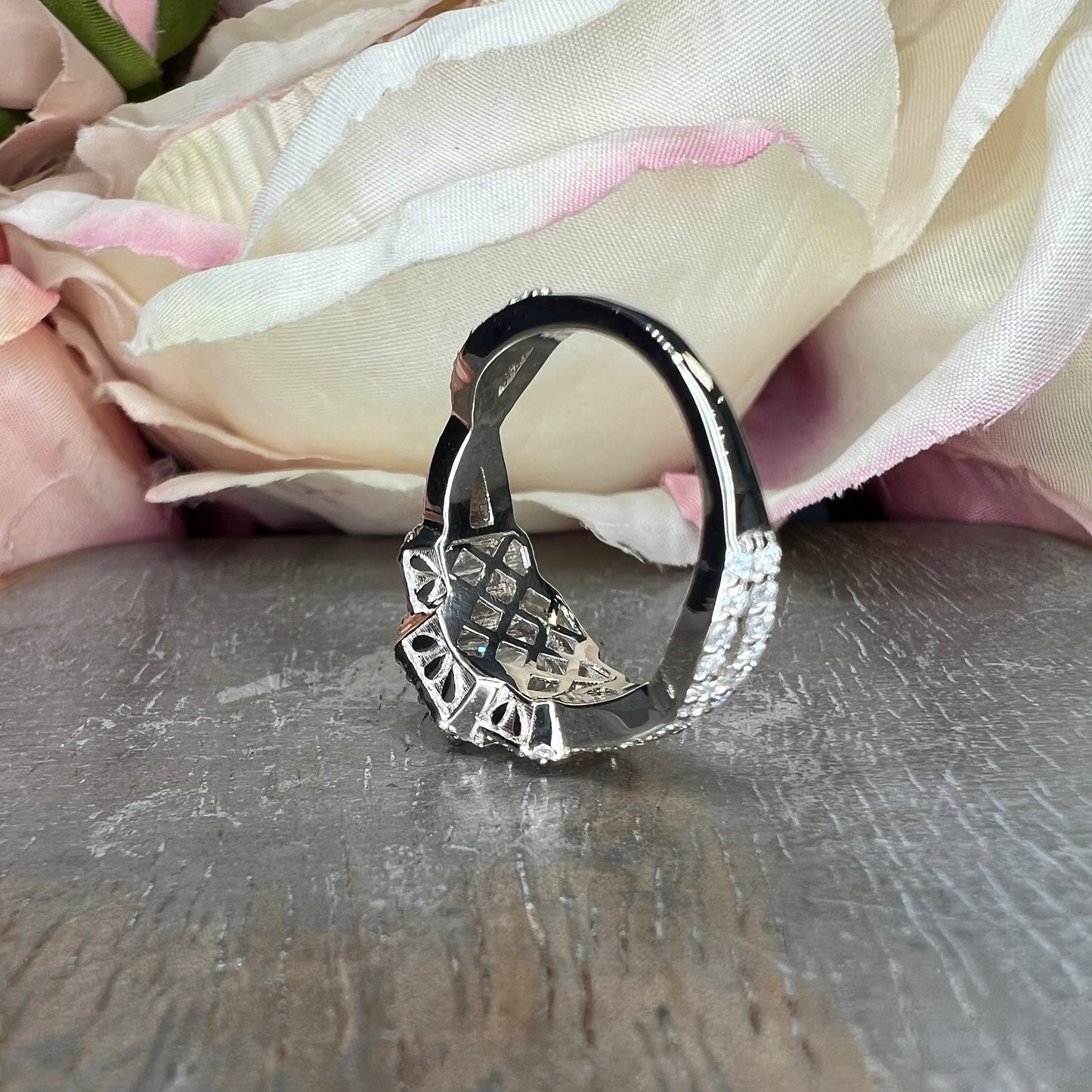 Emerald cut moissanite engagement ring 14K white gold, three stone moissanite wedding ring, Unique vintage style halo engagement ring, #7514