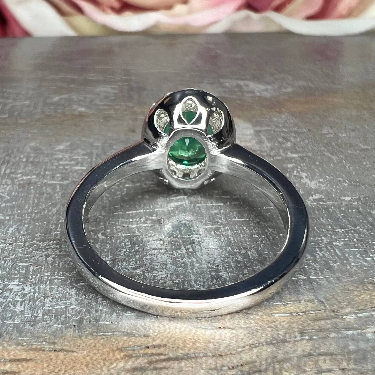 Green emerald ring 14k white/yellow gold, Oval cut green emerald engagement ring, Vintage green emerald and moissanite diamond rings, #7594