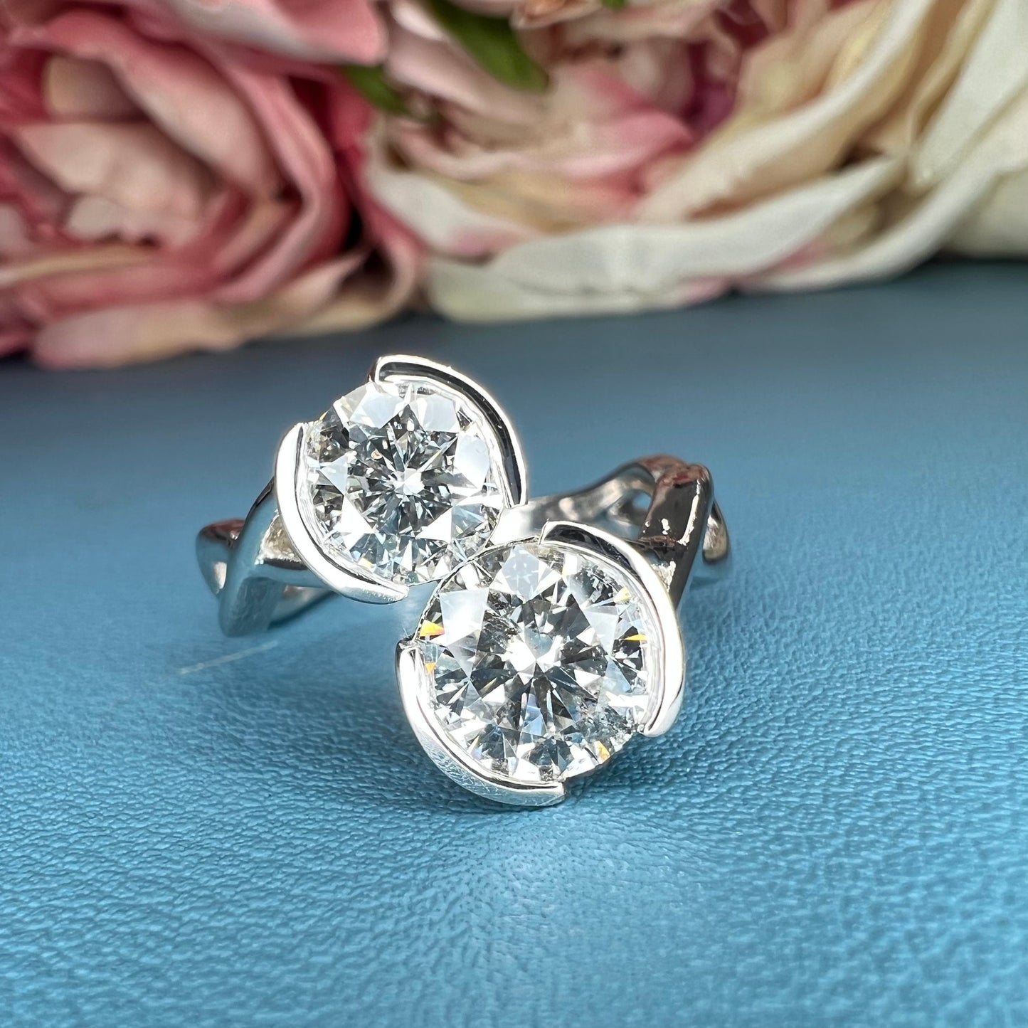 Toi Et Moi moissanite ring, Two stone ring yellow/white gold, Two stone bypass ring, Mommy and me birthstone ring, Anniversary Gift, #7644