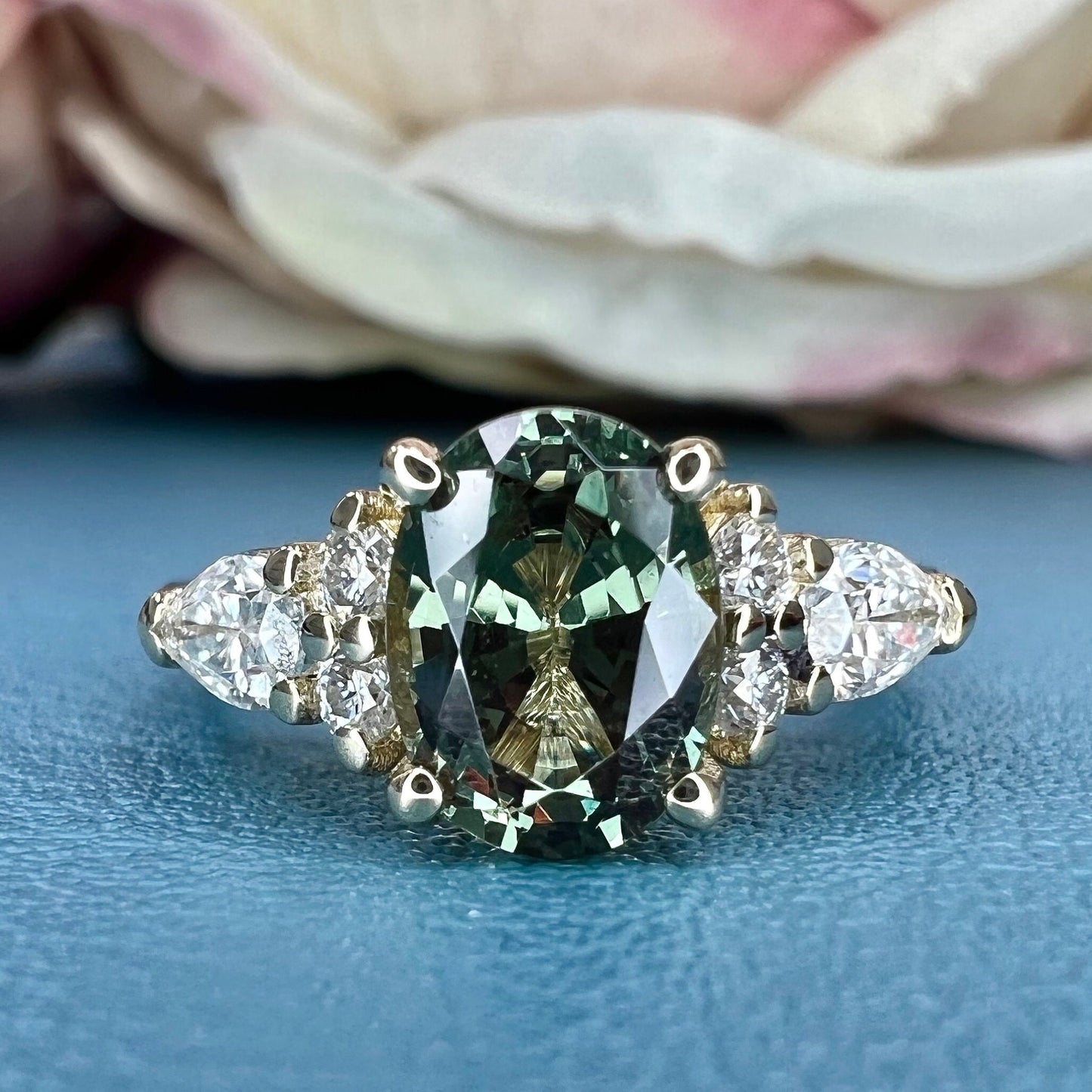 Oval Green Sapphire Engagement Ring 14K Solid Gold, Unique Vintage Oval Cluster Ring For Women, Olive Green Sapphire Engagement Rings #7207