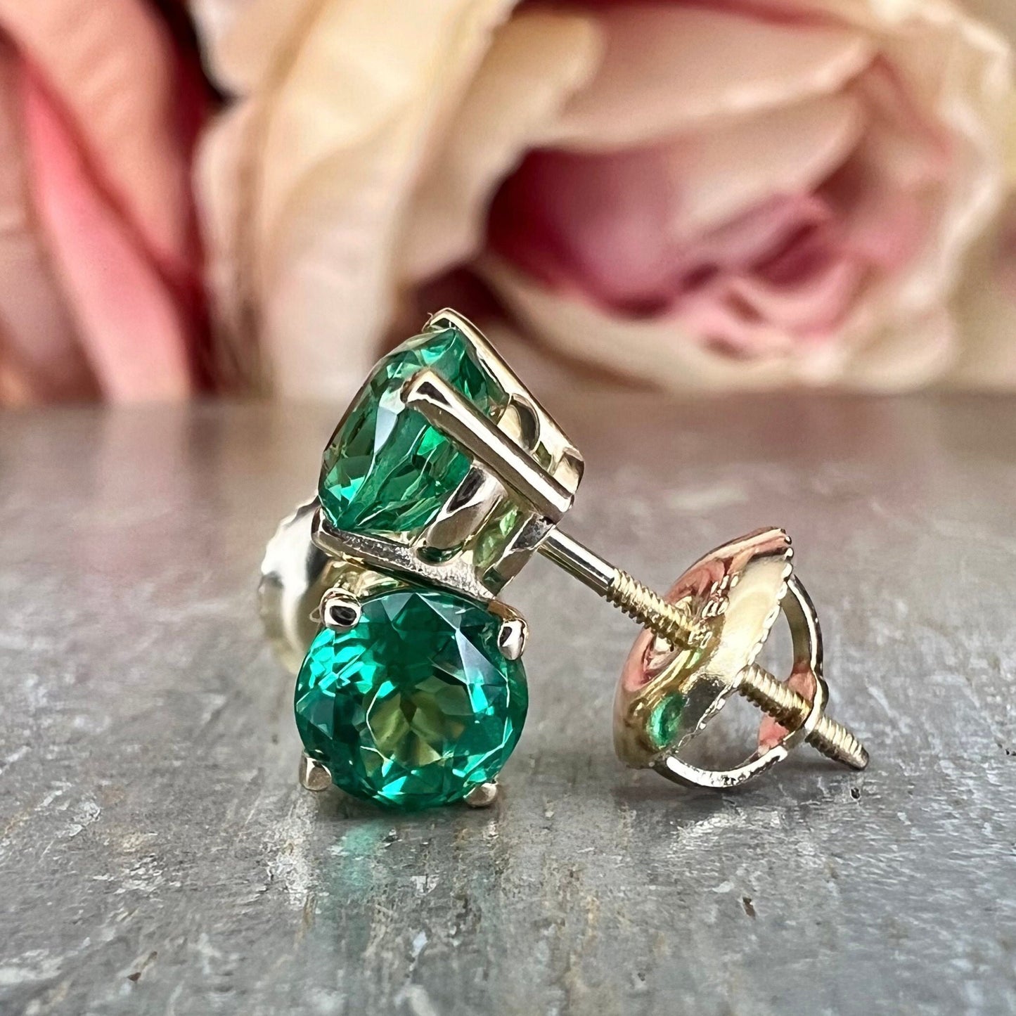 Green Emerald Earrings / Round Ladies Studs / Earrings / Anniversary Gift / 14K Yellow Or White Gold / #5946