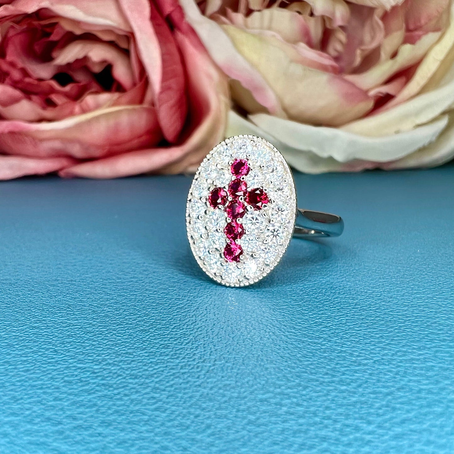 Oval Moissanite And Ruby Cross Engagement Ring 14K Solid Gold, Oval Pave Moissanite Cluster Fashion Ring For Women, Diamond Anniversary 7516