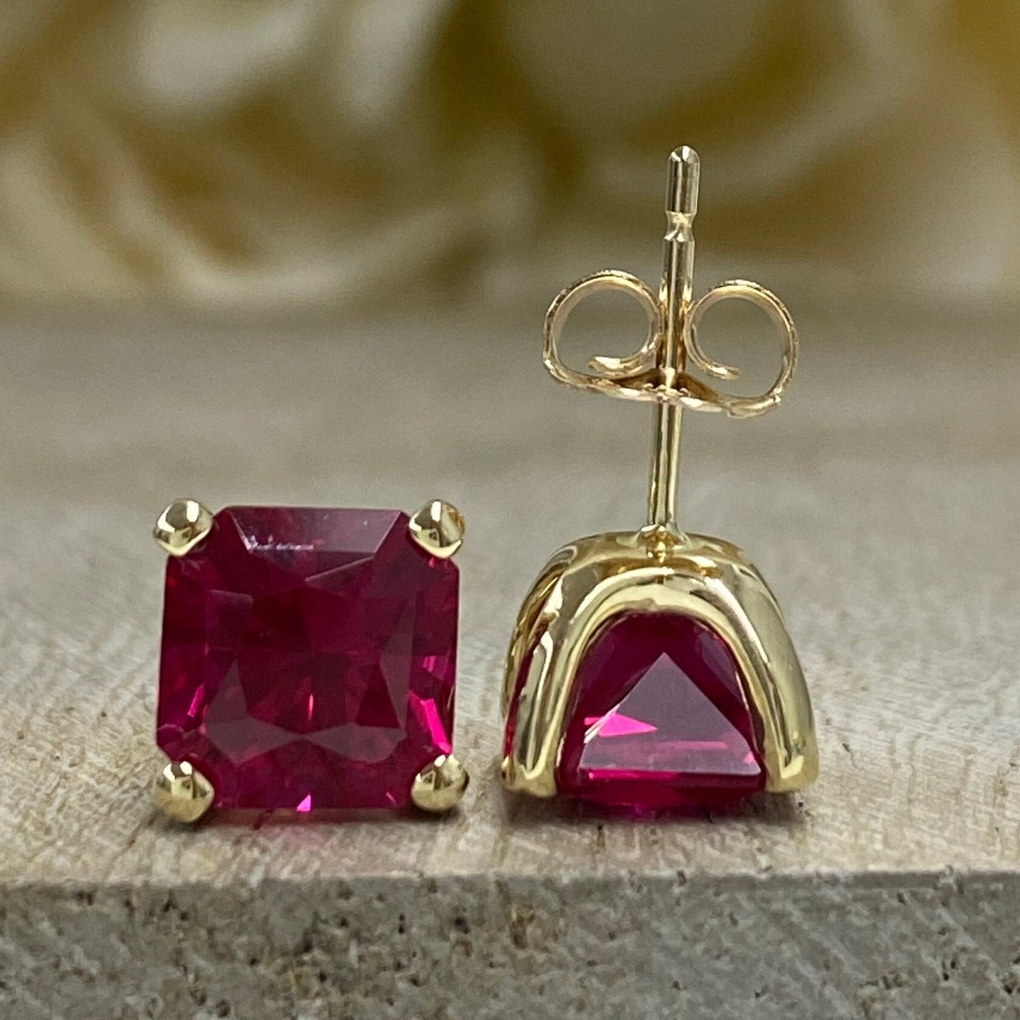 Radiant Cut Studs, 3.50CTW Blood Red Ruby Earring, Dainty Jewelry, 14k Yellow Gold, #6181