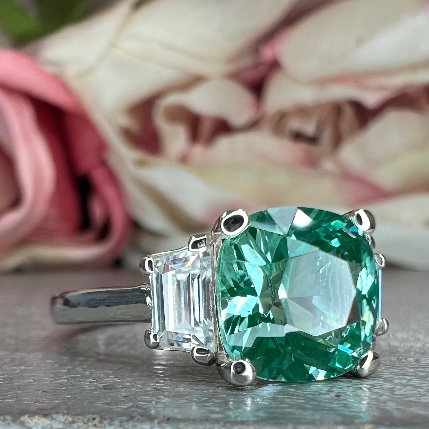 Paraiba Tourmaline Ring 14k White Gold, Cushion Cut Paraiba Tourmaline Ring, Green Paraiba Ring, Three Stone Paraiba Engagement Ring, #6761