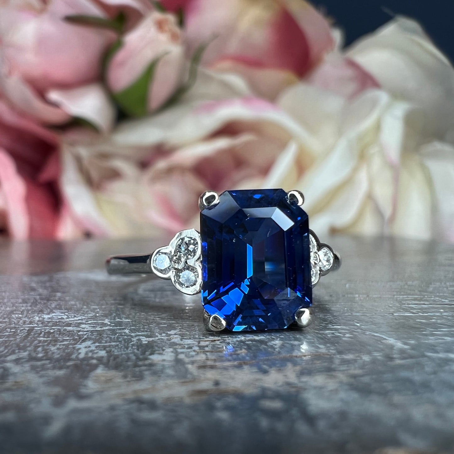 Emerald Cut Blue Sapphire and Diamond Engagement Ring, Sapphire And Diamond Ring For Ladies, 14k White Gold Blue Sapphire Ring For Her #4885