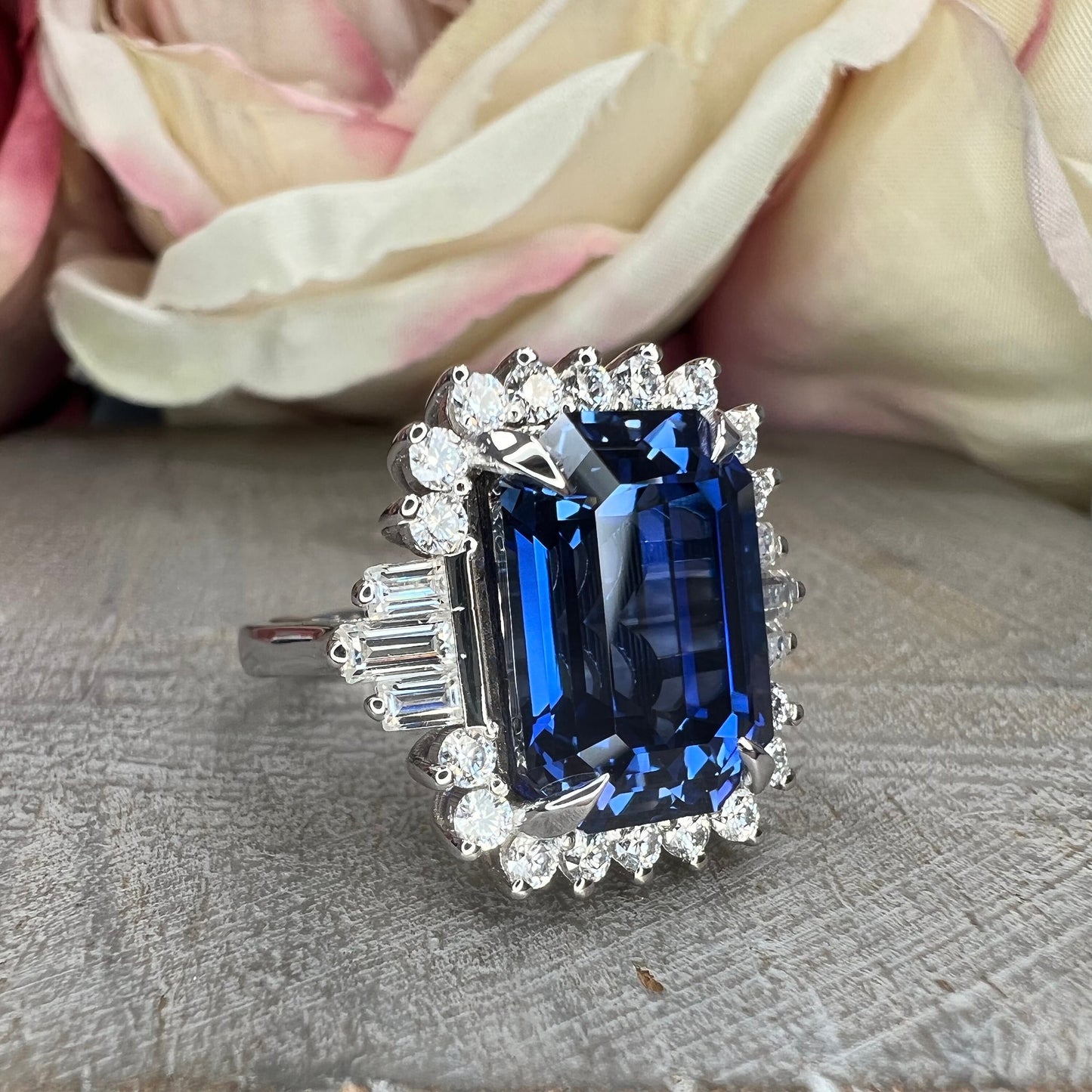Emerald cut blue sapphire with moissanite halo engagement ring 14K white gold, Unique vintage blue sapphire wedding anniversary rings, #7554