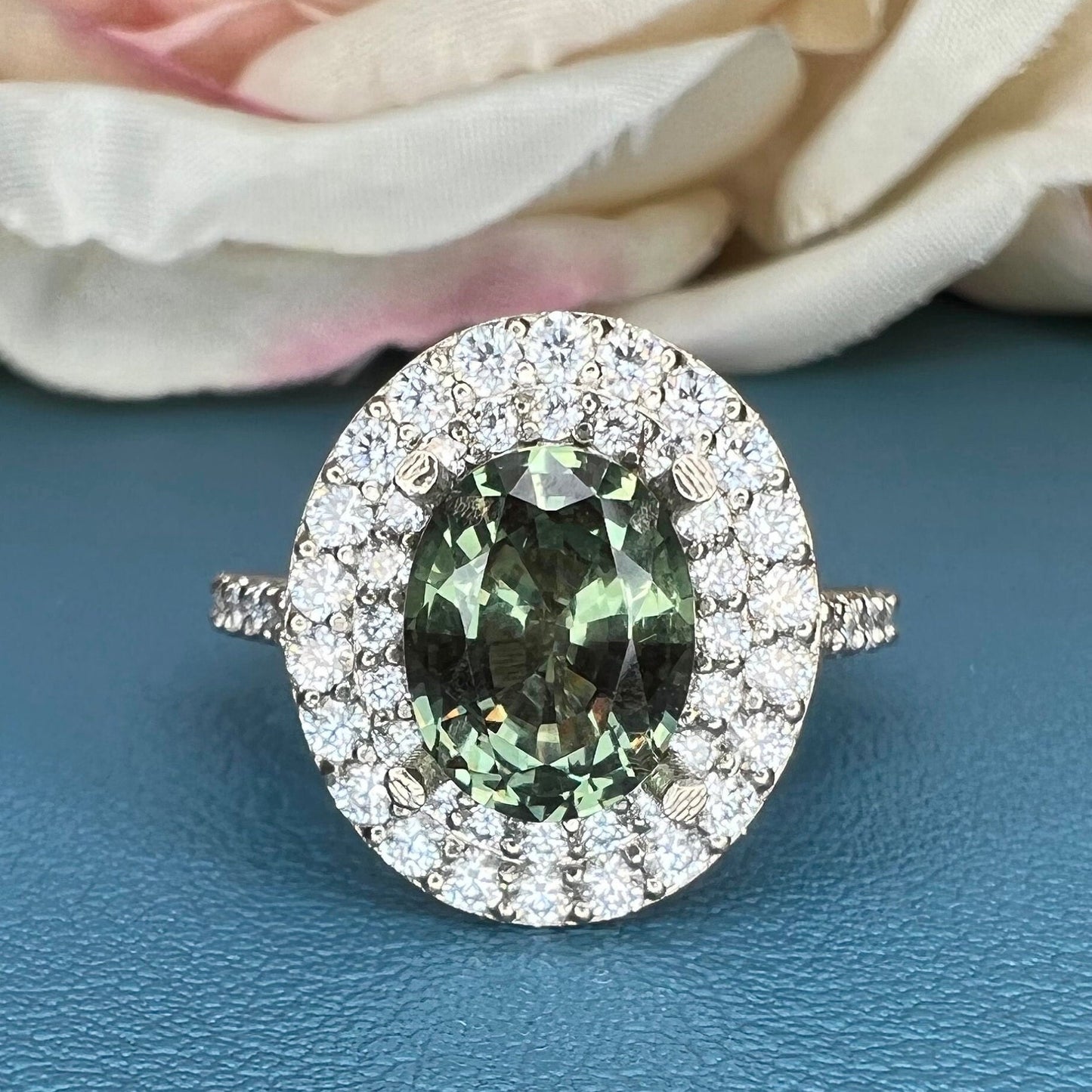 Oval blue sapphire ring white gold, double halo blue sapphire engagement ring, Unique Vintage fiancé ring, Wedding Anniversary ring, #7648