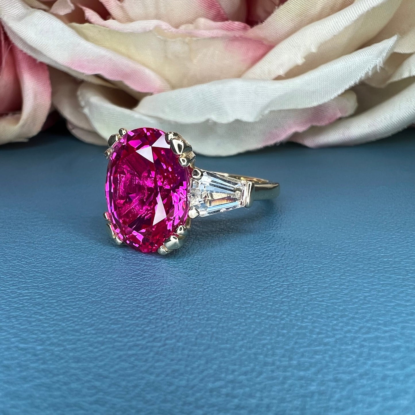 Pink Sapphire Oval Engagement Ring, 14k Yellow Gold Ring, Large Oval Engagement Ring, Three Stone Ring, Sapphire and Moissanite Ring, #6364