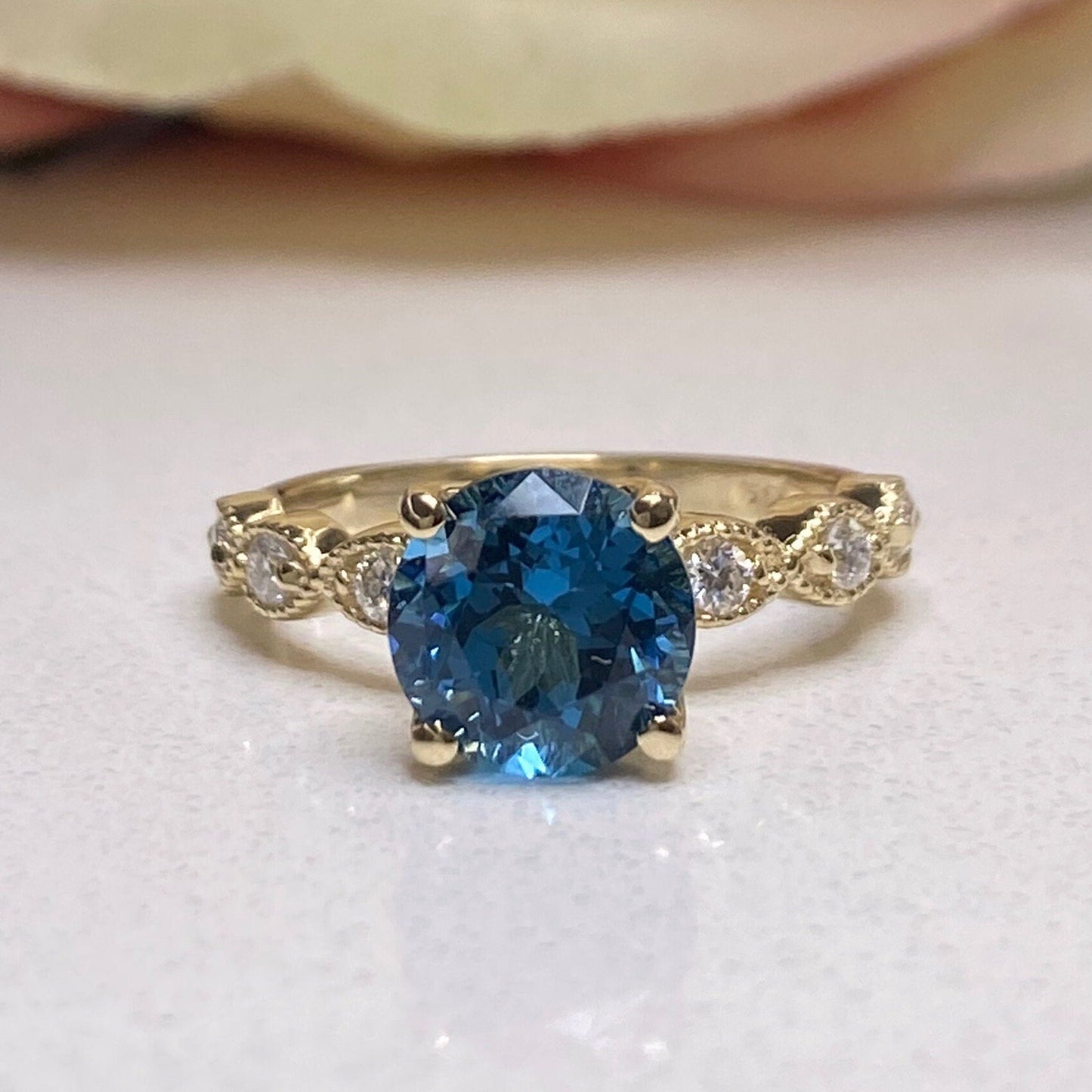 London Blue Sapphire Engagement Ring 14K Yellow Gold, Unique Vintage Twist Band Engagement Rings For Women, Dainty Wedding Band Rings, #7219
