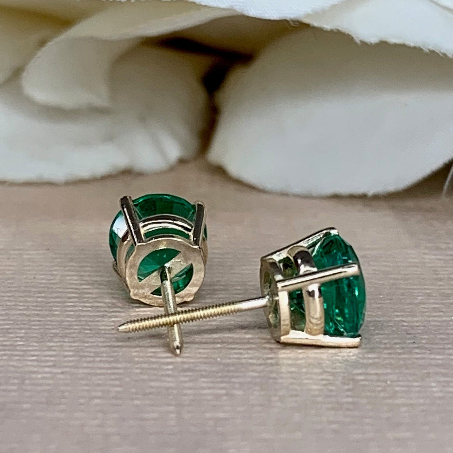 Round brilliant emerald earrings, 2.00ctw. stud earrings with screw backs 14k white gold #5460