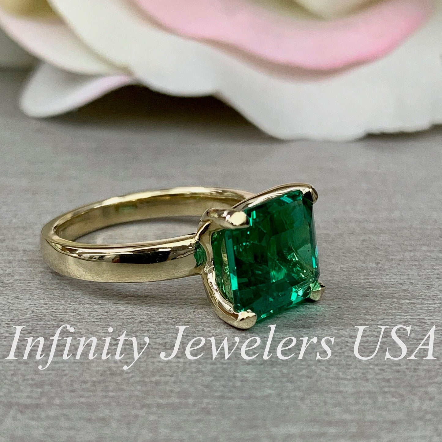 Asscher Cut Emerald Solitaire Engagement, 14k Yellow Gold Green Emerald Square Shape Statement Ring For Ladies, May Birthstone Ring