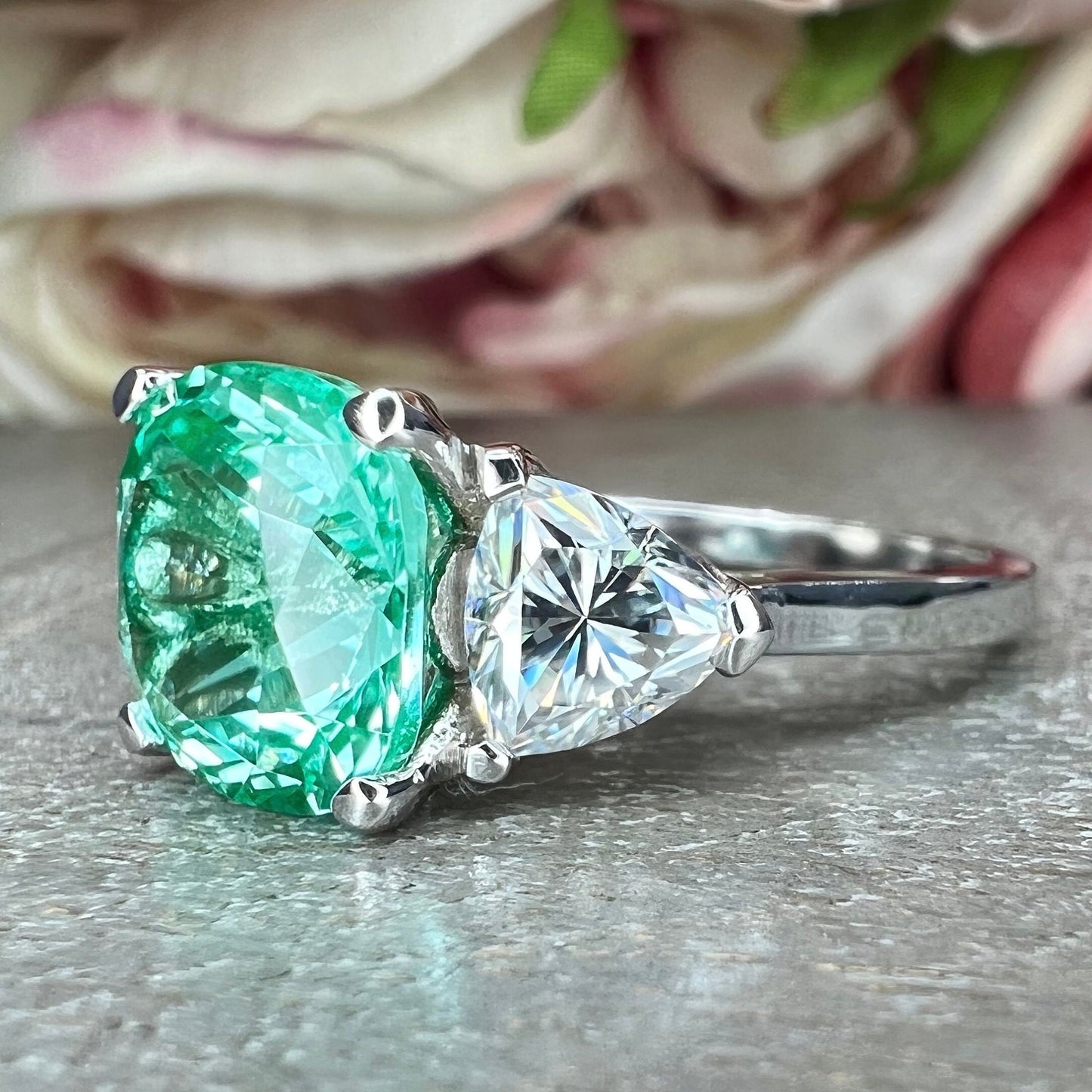 Green Paraiba Cushion Shaped Moissanite Trillions 14k Solid White Gold Three Stone Paraiba Wedding Ring Unique Vintage Promise Ring #6829