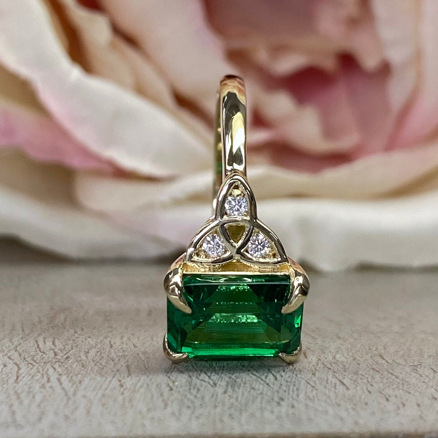 Emerald Cut Emerald And Moissanite Engagement Ring 14K Yellow Gold Celtic Engagement Ring Women Unique Emerald Anniversary Promise Ring 7285