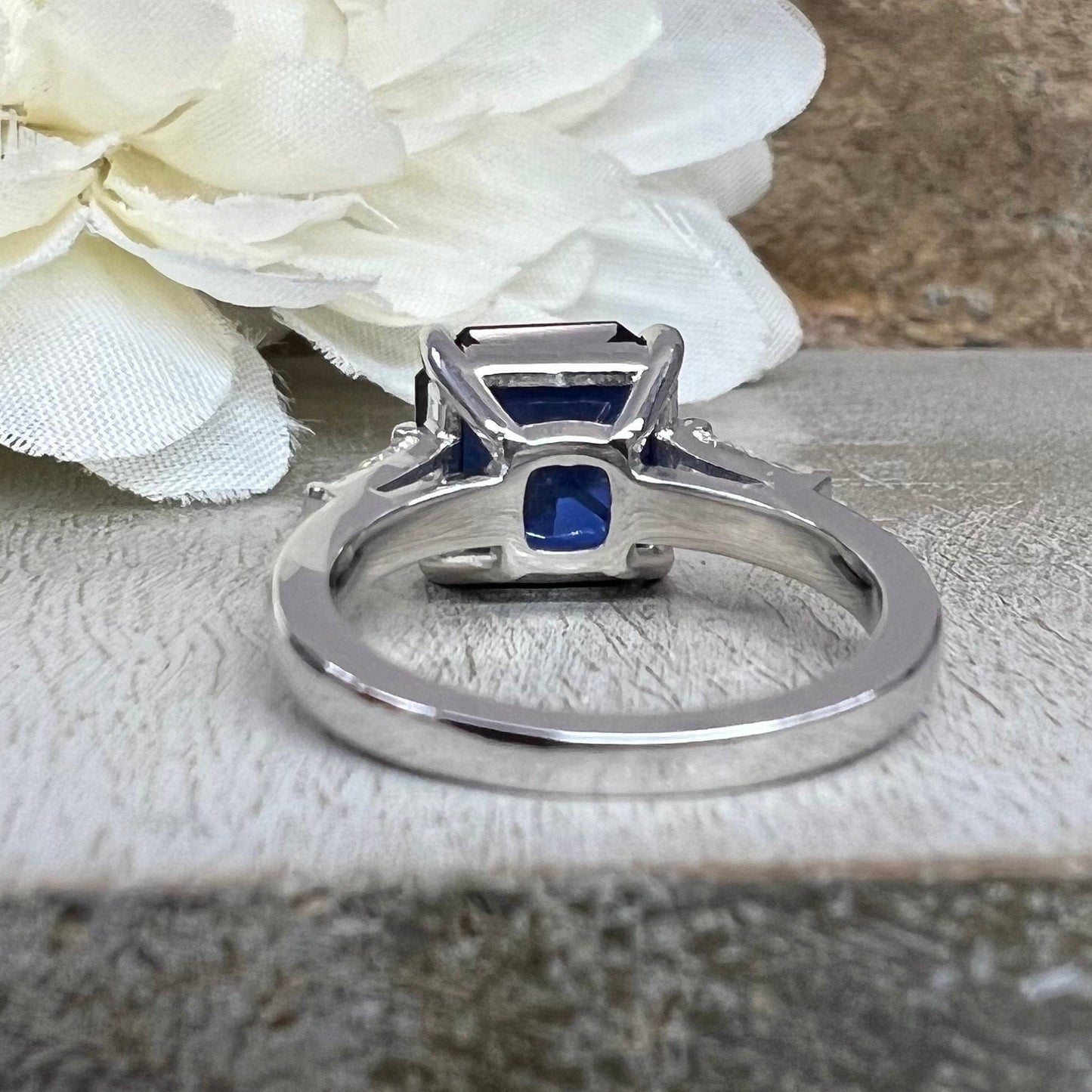Radiant Blue Sapphire Engagement Ring White Gold Three Stone Blue Sapphire Ladies Ring Blue Sapphire Wedding Promise Anniversary Ring #7329