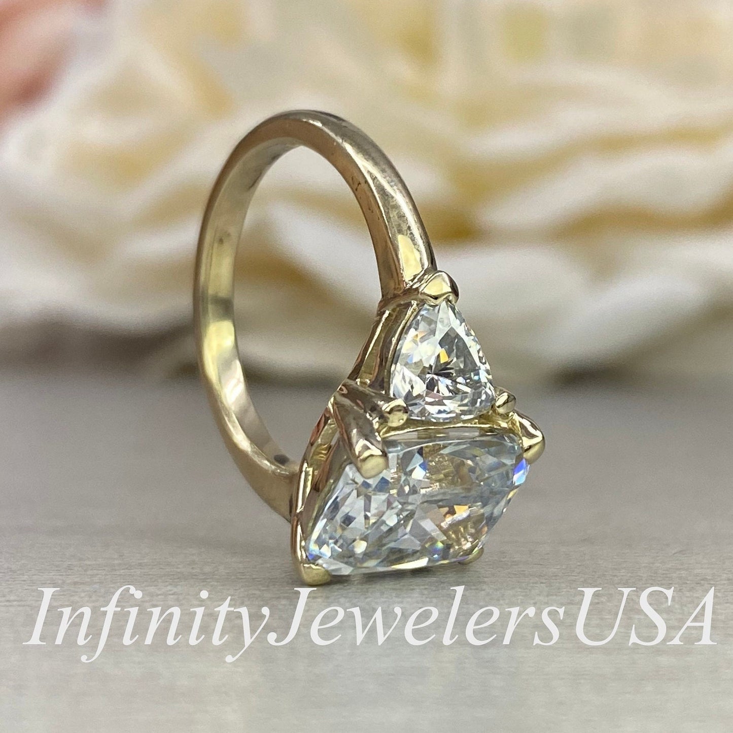 Moissanite Cushion Cut Engagement Ring With Trillions In 14k Yellow Gold, Three Stone Engagement Ring, Ring For Ladies, #6834, #6835