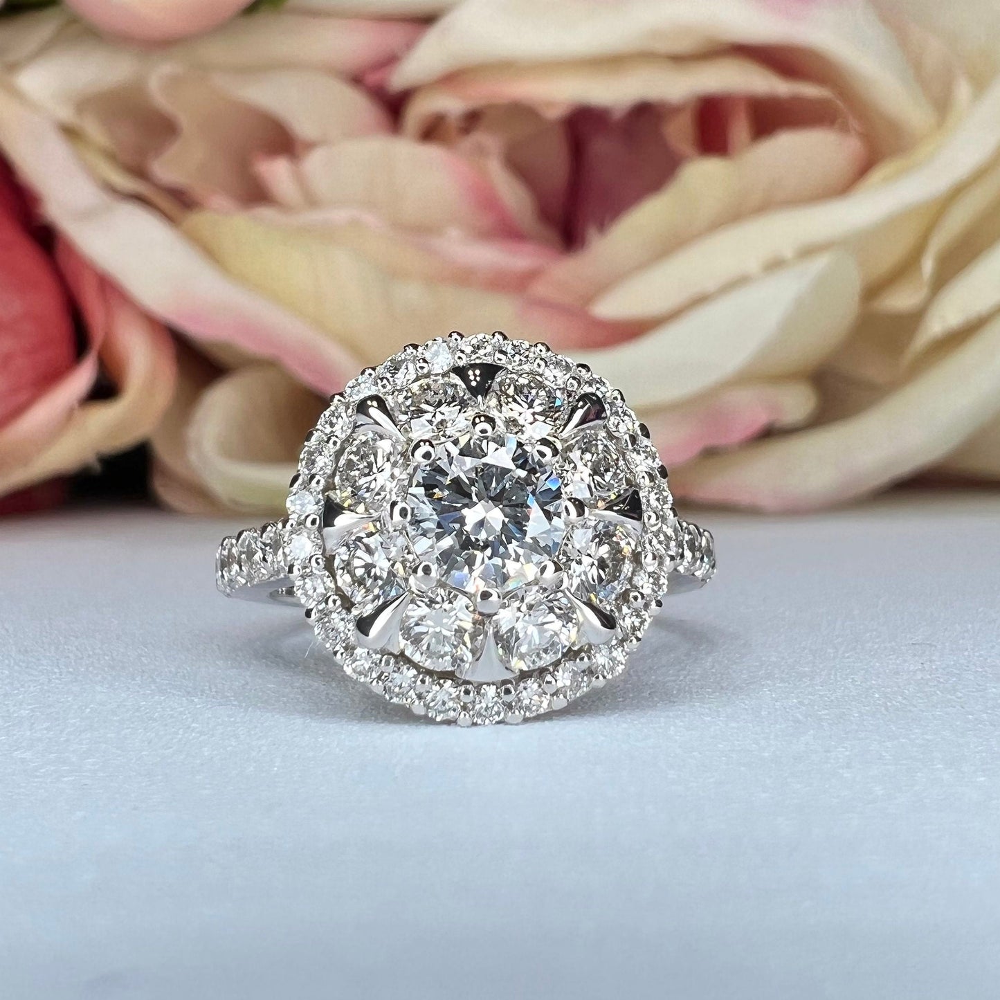 Lab grown diamond ring 14K white gold, Round cut lab grown diamond engagement ring 14k, Lab grown diamond ring with halo Unique ring