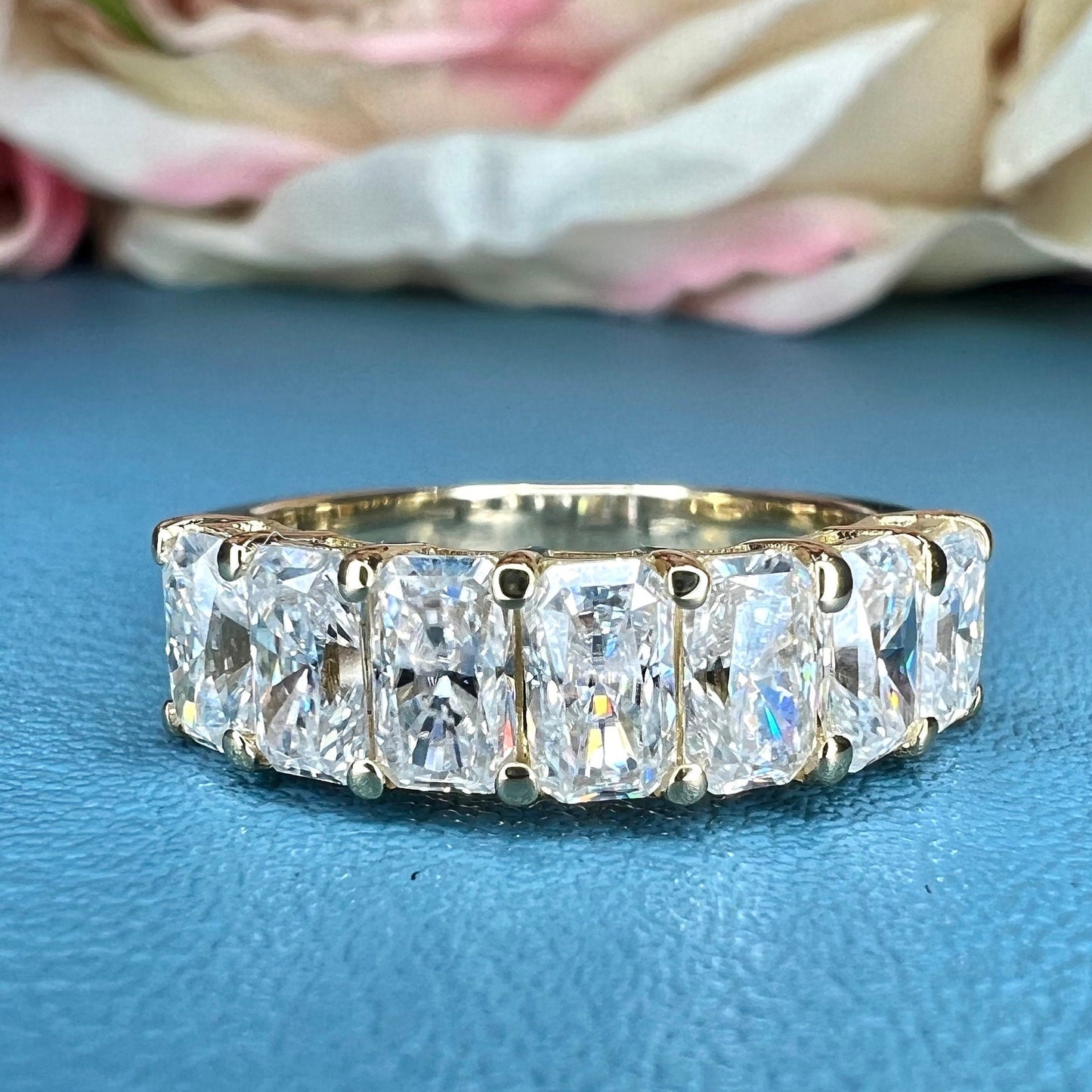 Lab grown diamond wedding band 14K Solid Gold, radiant cut 7 stone band lab created diamond band, VS1 lab grown diamond stacking band
