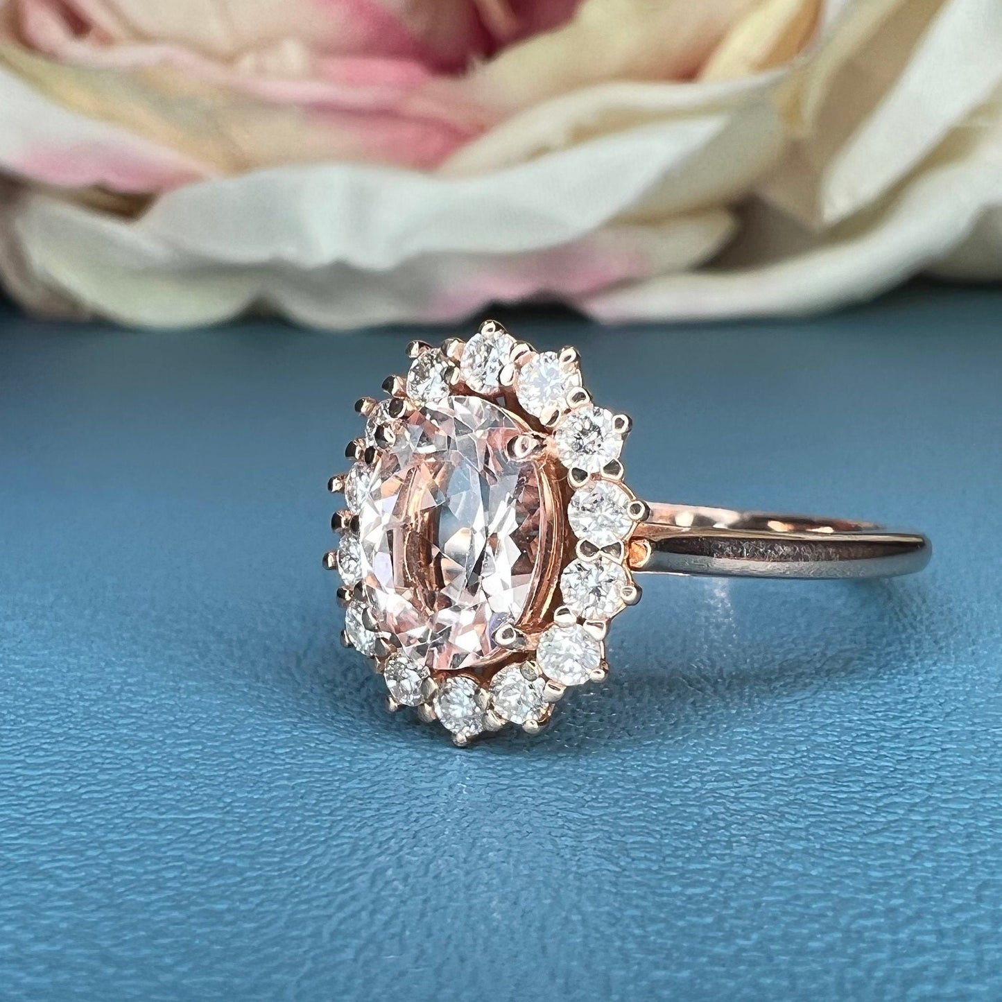 Morganite ring, rose gold ring, Oval shaped genuine morganite engagement ring, Peach morganite ladies wedding anniversary promise ring #7688