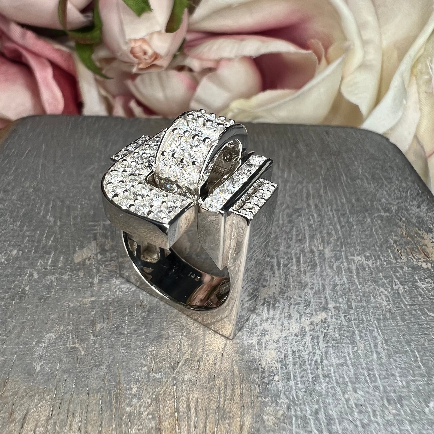 Diamond cluster ring 14k white gold, Unique Art Deco diamond mens ring, mens iced out ring, gift for him, hip hop ring, pinky ring, #7758