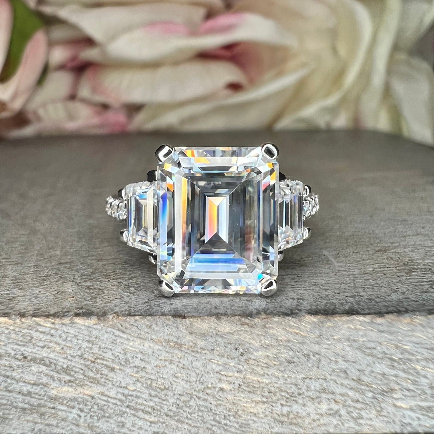 Emerald Cut Moissanite Engagement Ring, Emerald Cut With Trapezoids Moissanite Wedding Ring, 14k White Gold Moissanite Cluster Ring #7102