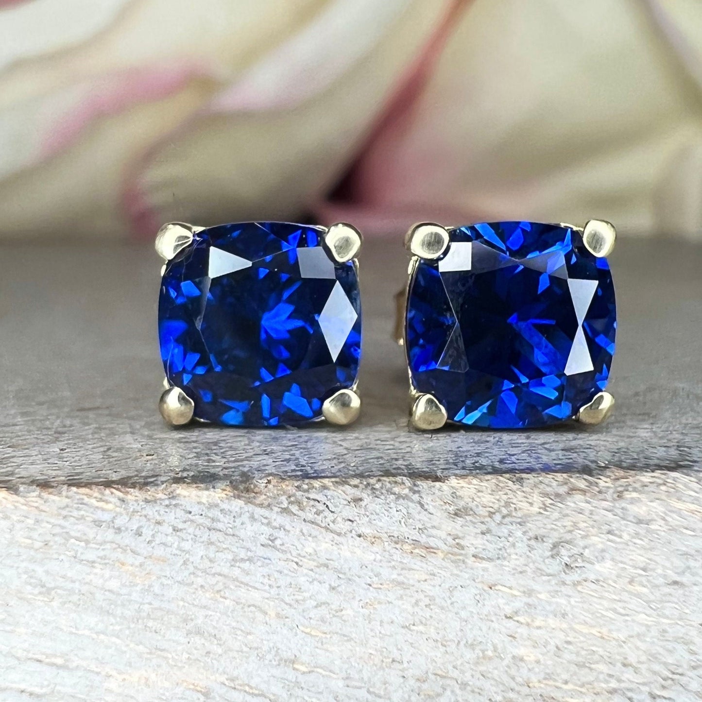 Stud Earrings Cushion Cut Blue Sapphire 14K White Gold, Sapphire Stud Earrings, Simple Sapphire Earrings September Birthstone Studs #5725