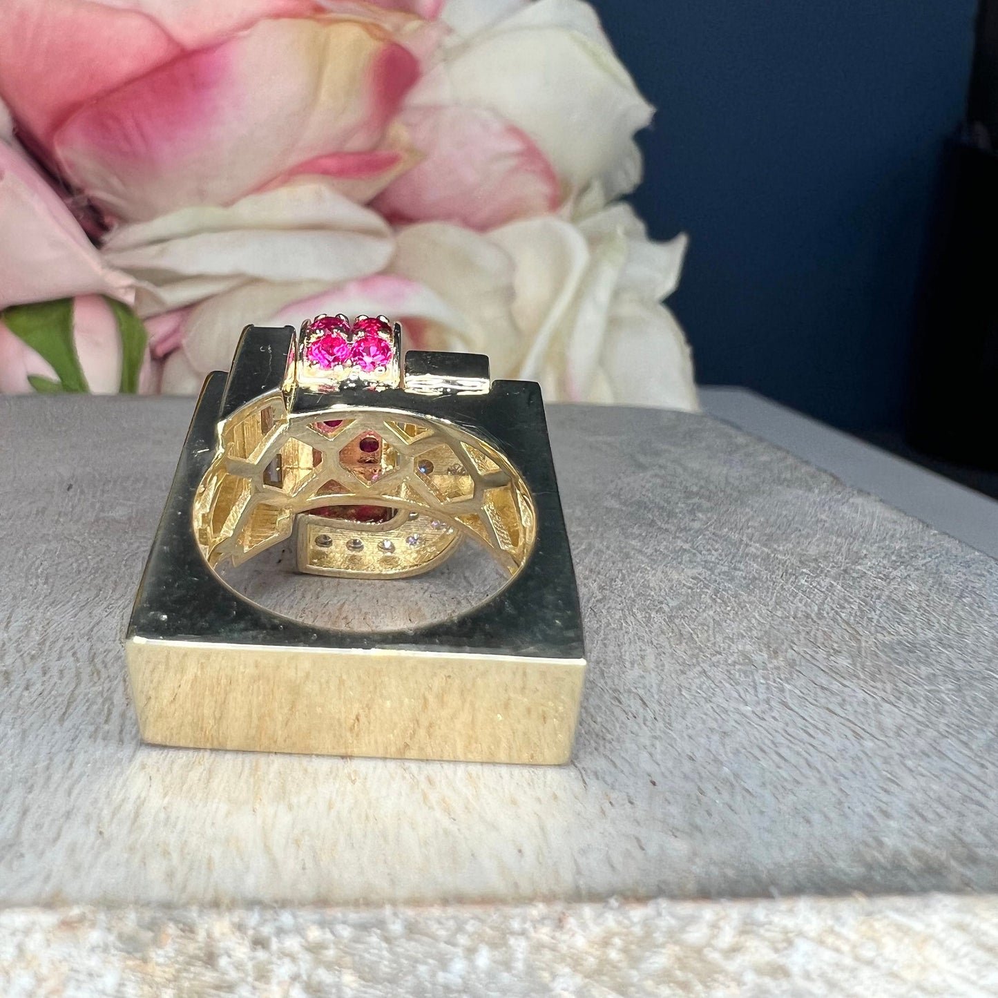 Moissanite and ruby chunky dome ring 14k solid gold art deco geometric ring unique ruby/moissanite statement ring, Unisex ruby rings #7759