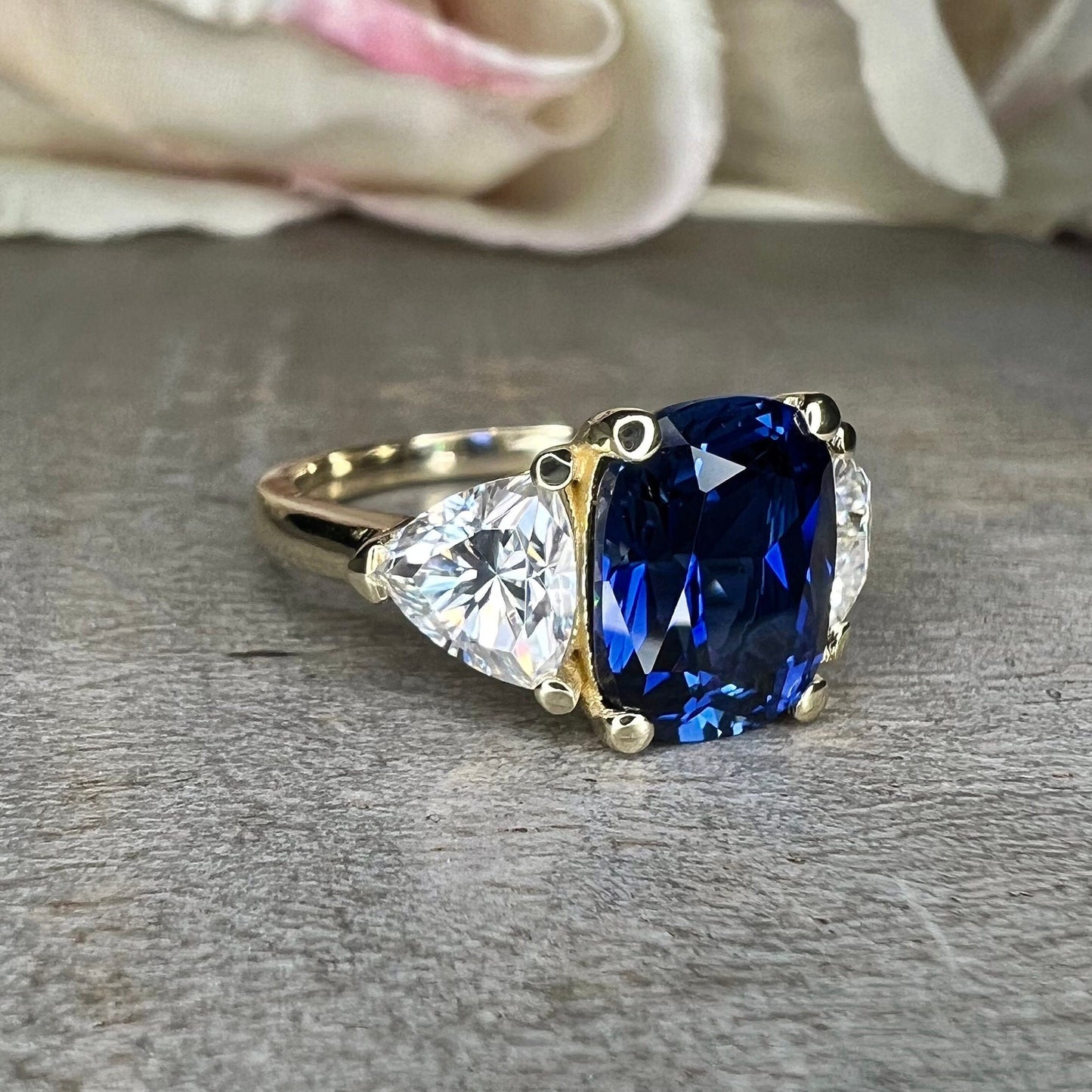 Elongated Blue Sapphire Three Stone Engagement Ring, Blue Sapphire and Moissanite Ring, Cushion Cut Sapphire Ring 14k Solid White Gold 6765