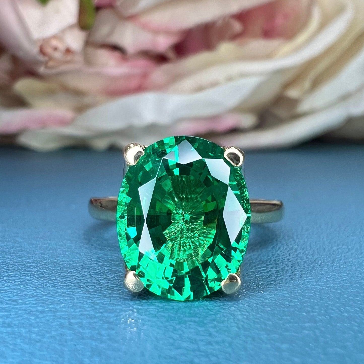 Emerald oval cut engagement ring 14k yellow gold emerald solitaire wedding anniversary promise ring May birthstone Simple emerald ring #5401