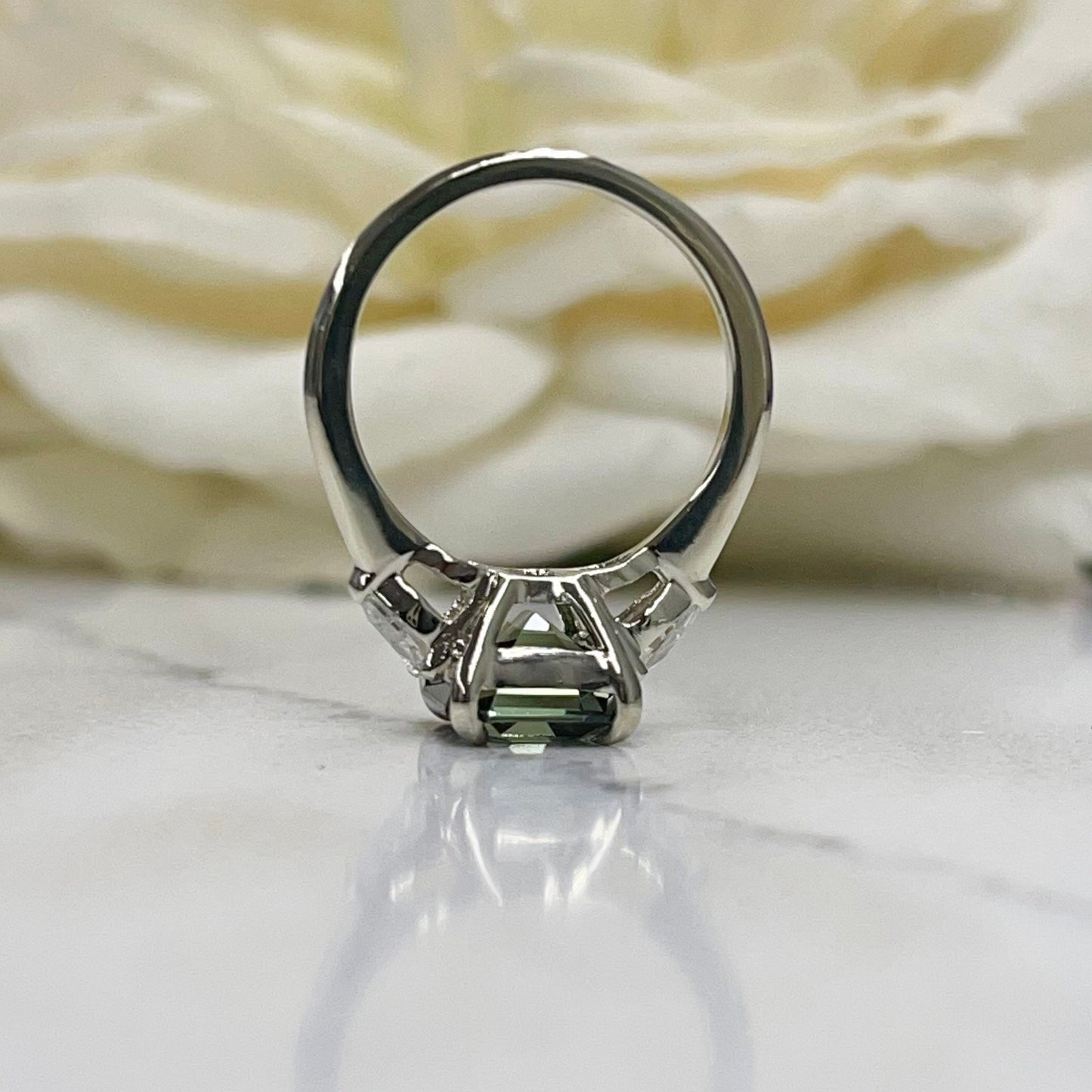 Emerald Cut Olive Green Sapphire Engagement Ring 14K White Gold Unique Vintage Olive Green Sapphire Engagement Ring Green Sapphire Ring 7245