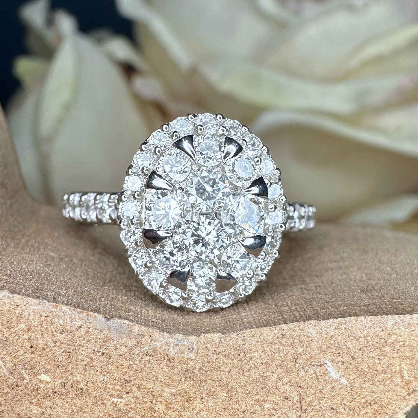 Diamond cluster ring 14k white gold, right hand ring unique cluster engagement ring, diamond wedding Bridal Anniversary gift for women #7788