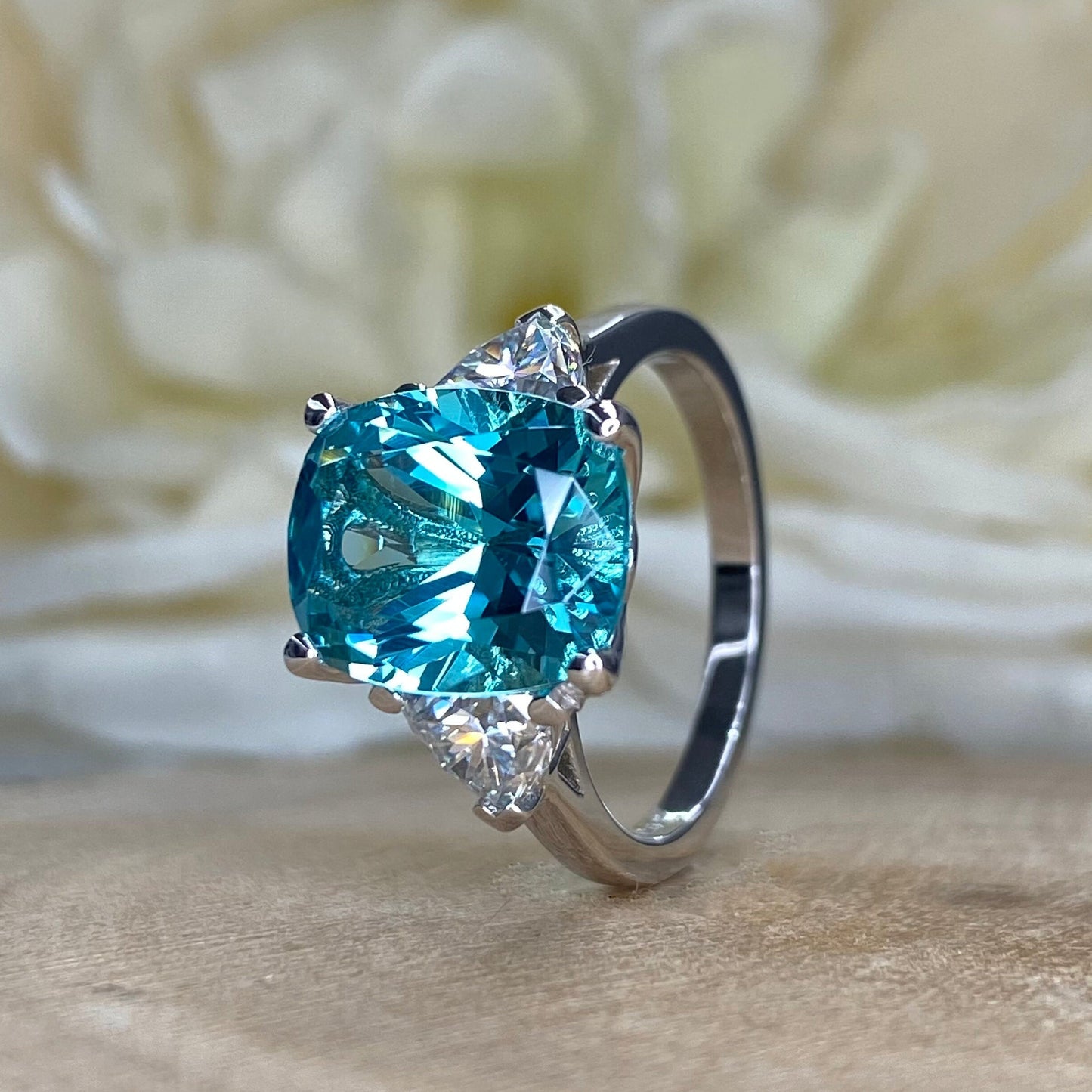 Elongated Cushion Paraiba And Moissanite Engagement Ring, 14k Gold Blue Paraiba Wedding Ring, Moissanite Ring #6342