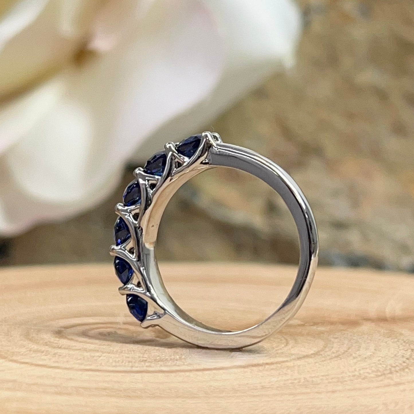 Blue Sapphire Wedding Band Round 6 Stone Gold Band 14K Solid White Gold Ladies Sapphire Wedding Promise Ring September Birthstone Ring