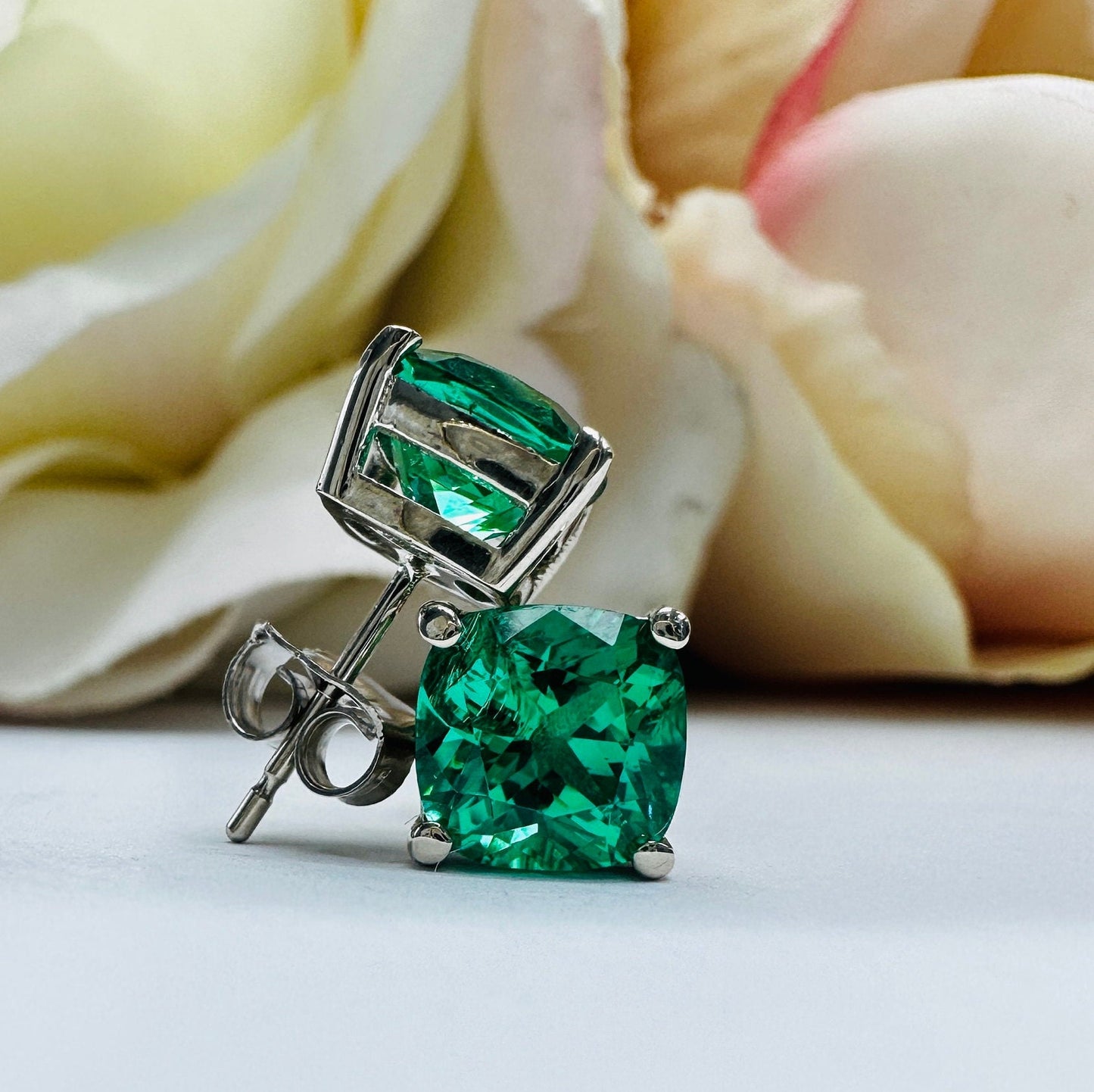 Stud Earrings Cushion Cut Green Emerald 14K White Gold Emerald Stud Earrings, Simple Emerald Earrings May Birthstone Studs minimalist #5725