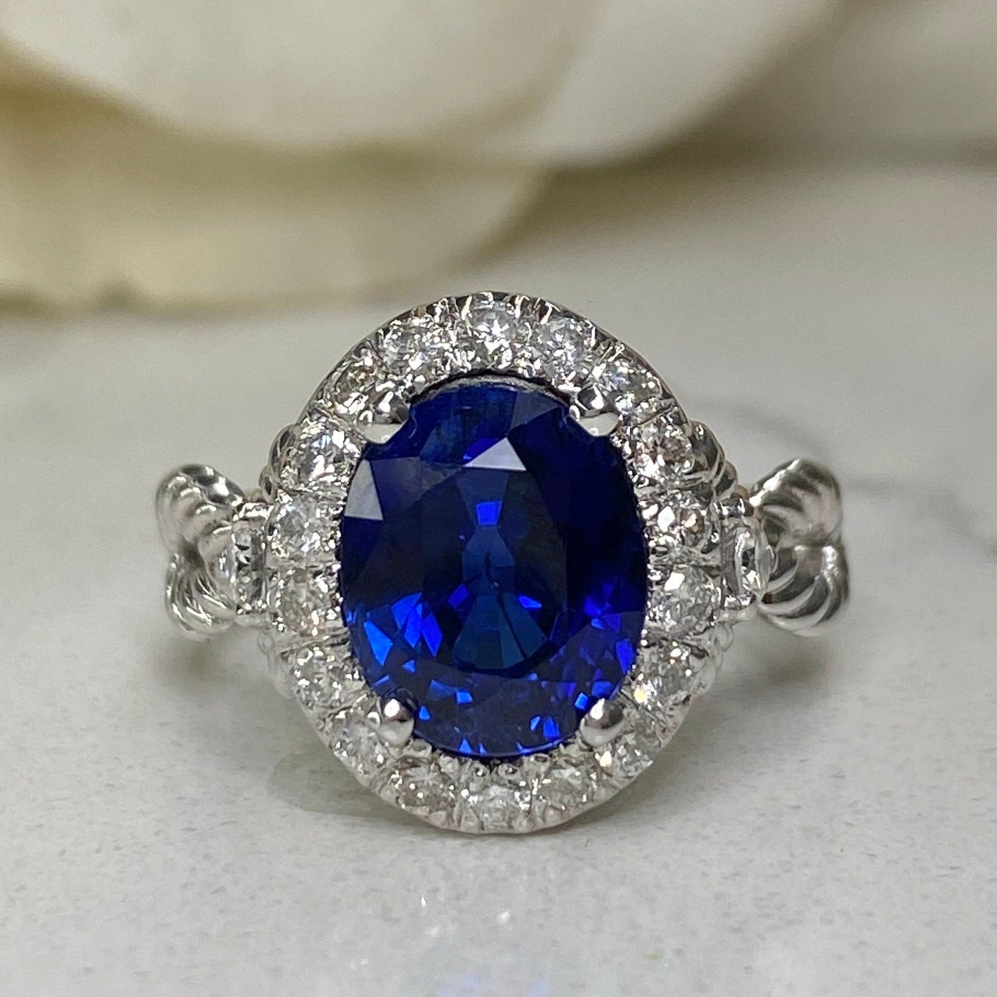 Oval Engagement Ring / Blue Sapphire Ring / Diamond Halo Ring / Sapphire and Moissanite Ring / 14k White Gold / #6334
